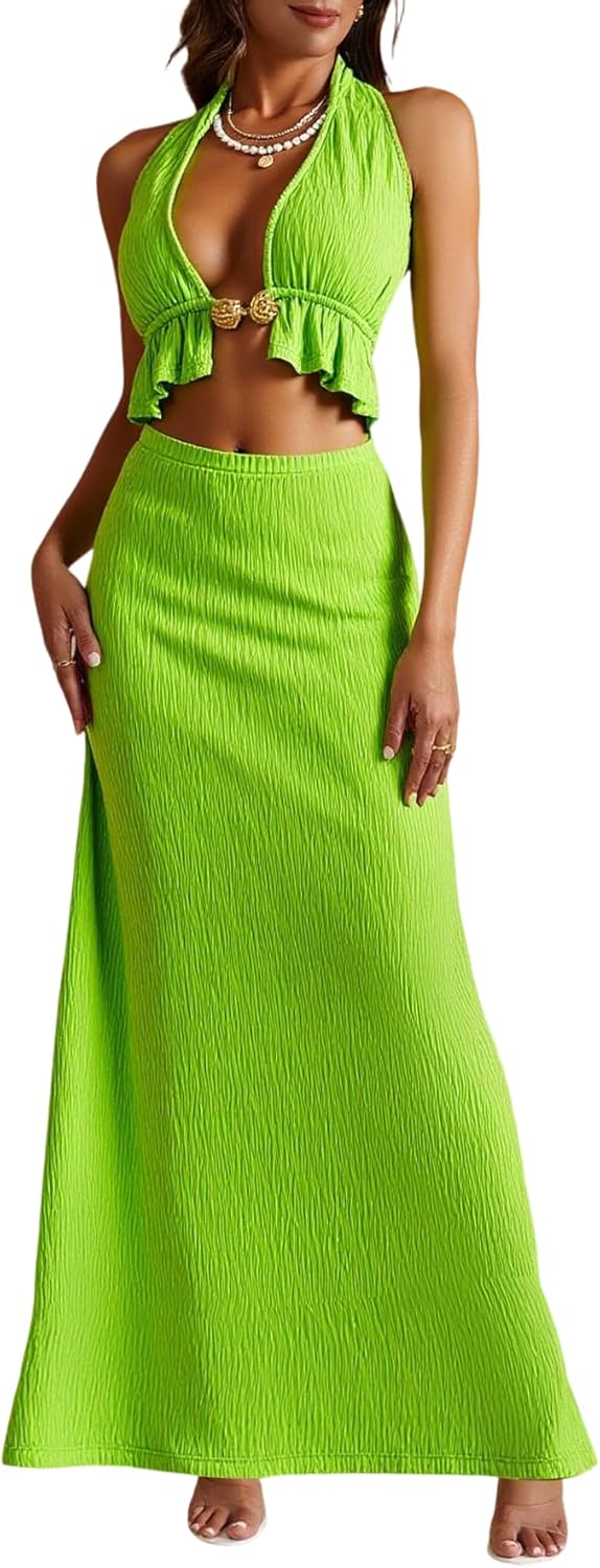 Women's 2 Piece Beach Vacation Outfits Backless Peplum Halter Crop Top and Bodycon Maxi Skirt Set