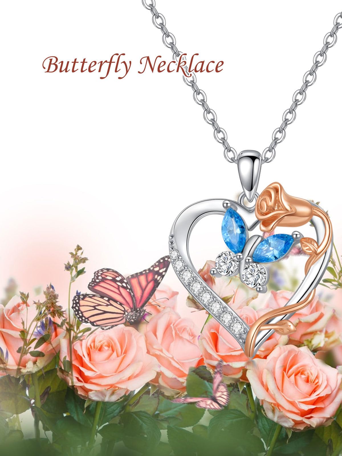 TOUPOP Schmetterling Kette Herz Rosa Kette für Damen 925 Sterling Silber Herz Schmetterling Schmuck Geschenk für Damen Schwester Freundin Mama Weihnachtengeschenk Geburtstagsgeschenk