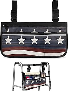 4th of July American Star Wheelchair Side Bag Walker Bag, Independence Day Vintage Country Star Wheelchair Accessories Armrest Pouch, Organizer Storage Bag for Walkers, Rollators, 7.3'x13'