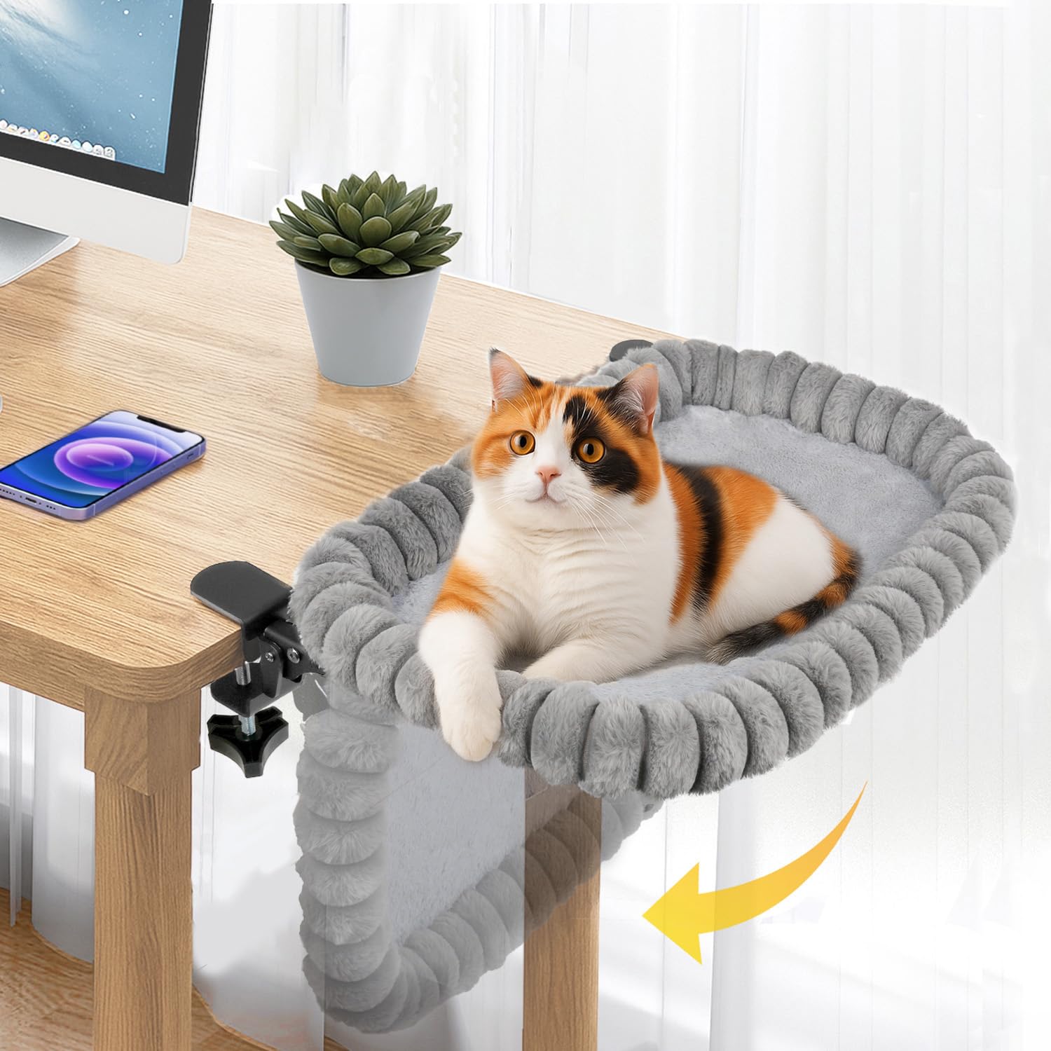 Photo 1 of Pawow X-Large Cat Desk Bed - 90° Foldable Space-Saving Cat Beds, 2 Washable Covers (Faux Rabbit Fur & Cool Mesh), Heavy-Duty Frame Supports 40lbs, Easy Install Pet Perch for Office & Game Tables