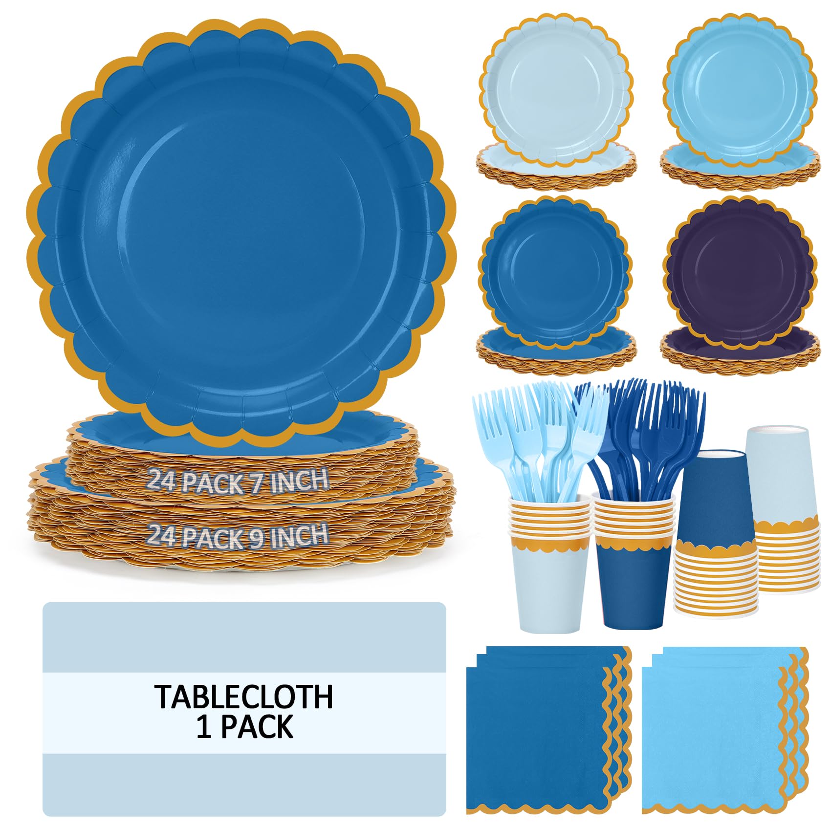 Assiettes en carton festonnées bleues, serviettes et gobelets dégradés pour table