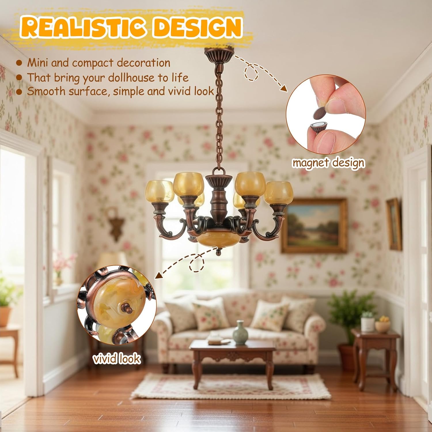 Toyvian Dollhouse Miniature Ceiling Lamp, 1:12 Scale Antique Red Chandelier Hanging Pendant Light Model Tiny Furniture Accessories for Doll House Room Decor Micro Landscape Diorama image 2