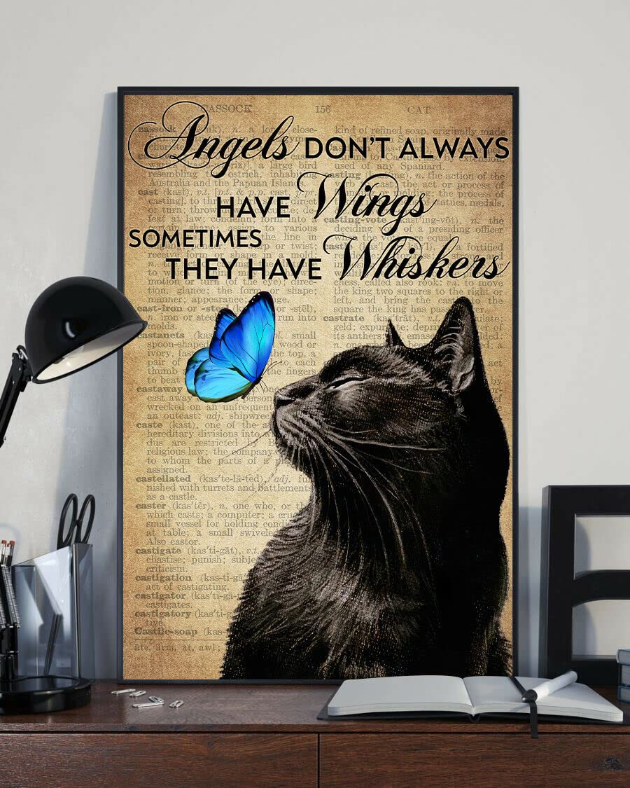 Angel Don't Always Have Wings Sometimes They Have Whiskers Black Cat Poster Vintage Metal Tin Sign Bar Pub Club Cafe Home Wall Decor Metal Tin Sign 8x12 Inch