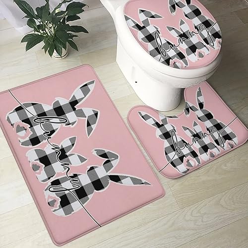 Miniatura 4 de Tapete de baño de 3 piezas con diseño de conejo, diseño de conejo, diseño de conejo, diseño de conejo, color negro, tapete contorneado para inodoro,