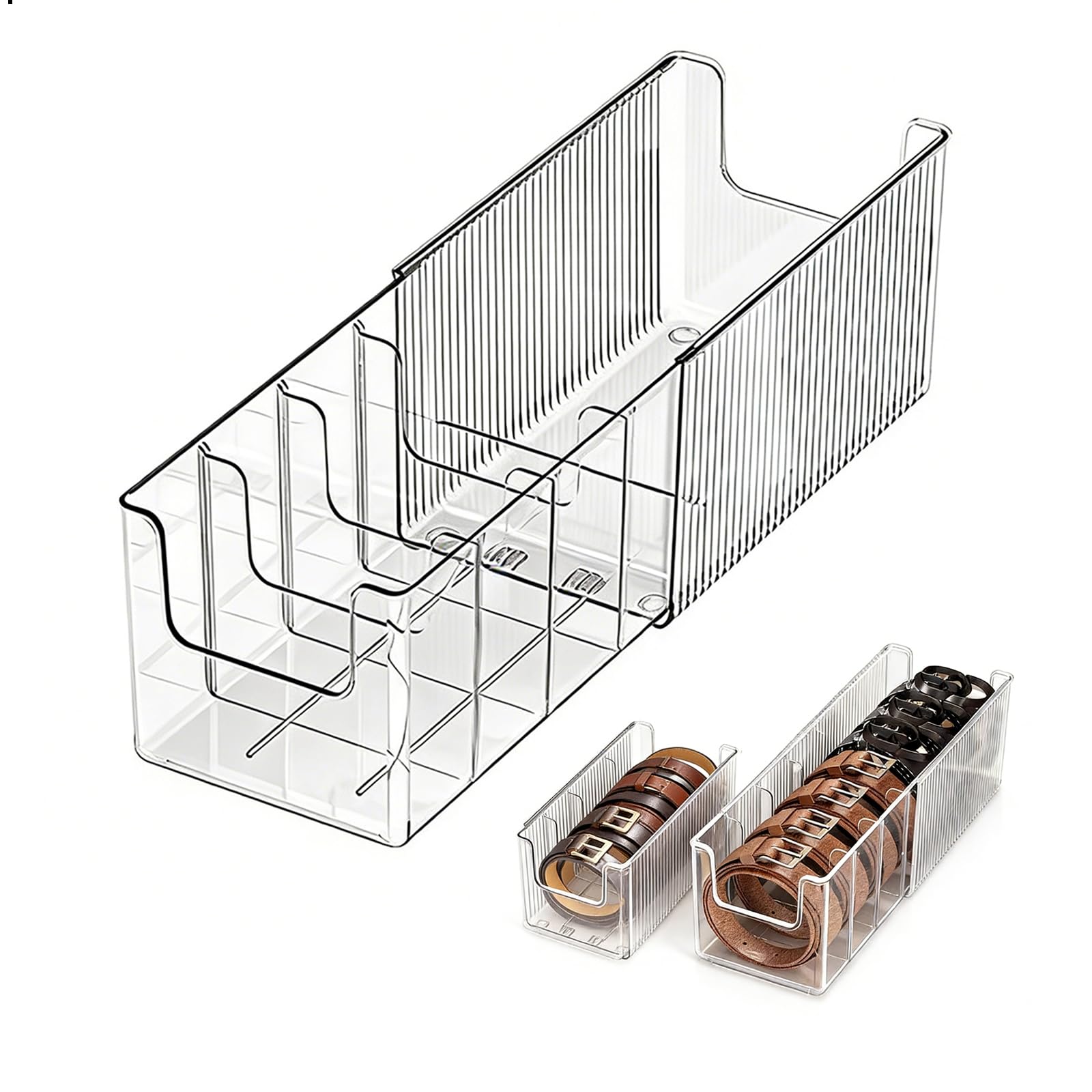 Range Ceinture, Organiseur de Ceinture en Acrylique Rétractable, Présentoir de Ceintures avec 6 Compartiments pour Montres Cravates Bijoux et Accessoires, Séparateurs Modulables