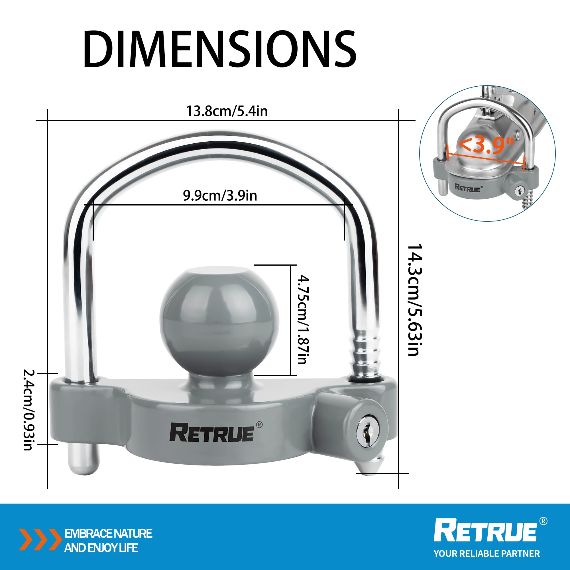 RETRUE Candado universal de acoplador para remolque, enganche de bola, bloqueo de enganche de remolque, bloqueo de enganche de remolque, seguridad ajustable, acero resistente, se adapta a acopladores