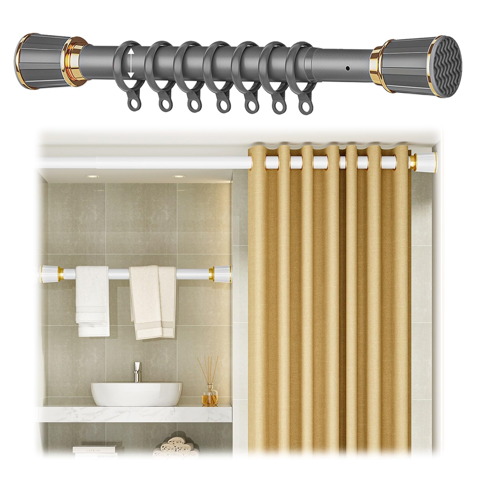 Tringle à rideaux télescopique réglable en acier inoxydable sans perçage - 50-75 - 310-400 - 360-450 cm - Pour salle de bain, placard, balcon - Gris - 210 à 300 cm