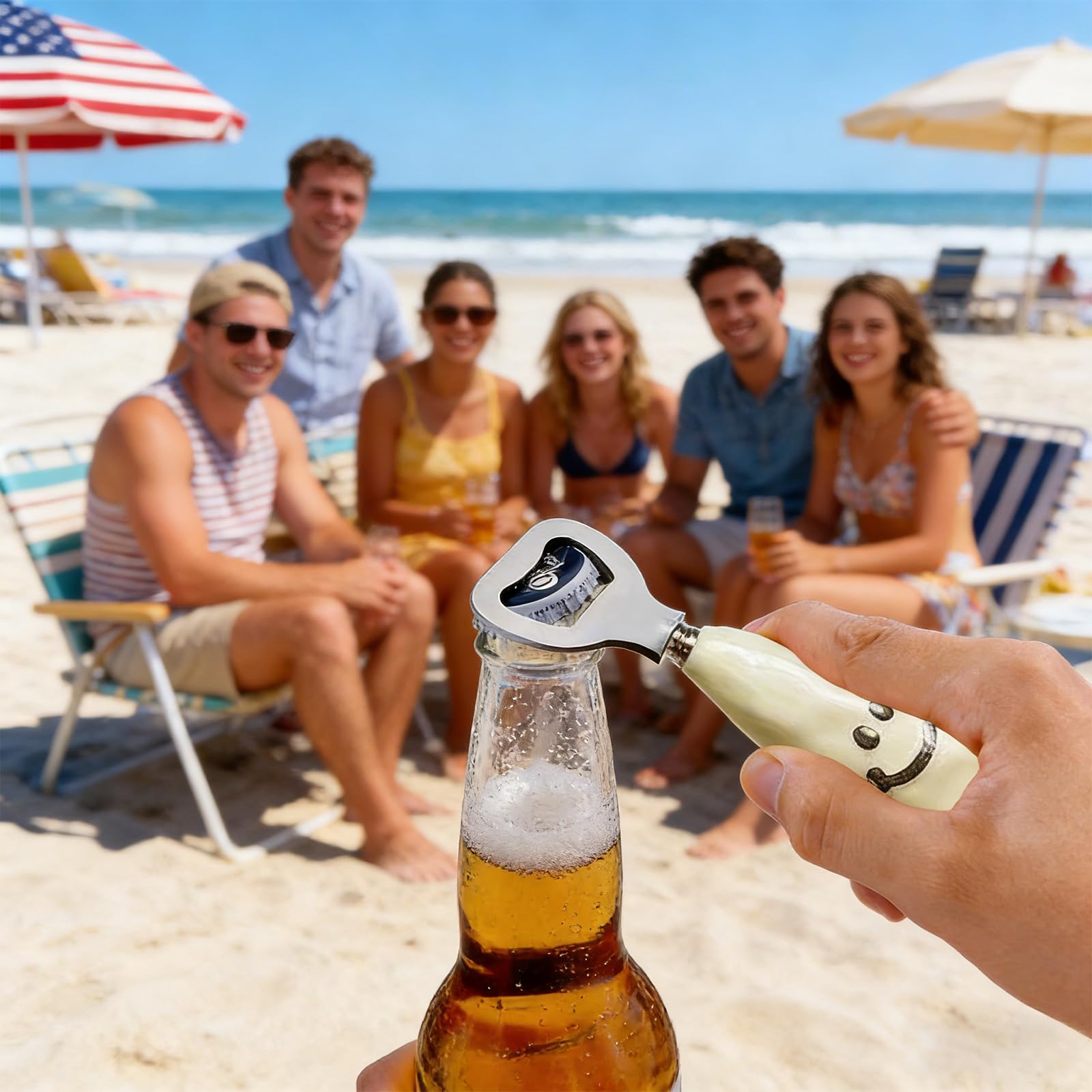 Cute smiley face beer bottle opener with plastic handle imitating ceramic handle.Creative stainless steel bottle opener
