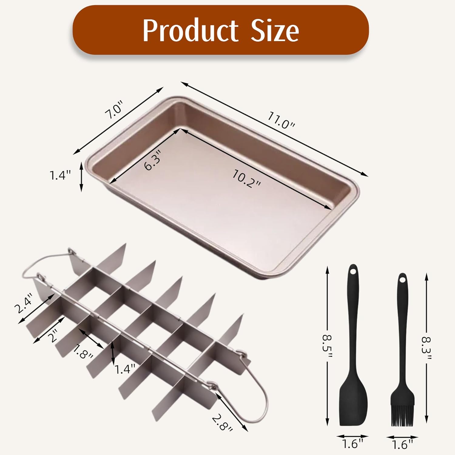 Brownie tin with dividers，18 Pre-Slice Non-Stick Brownie Baking Tray for Brownies，Lasagna，Muffin (Champagne Golden,Carbon Steel，Include 1 Silicone Spatula & 1 Pastry Brush，11 in *7 in*1.4 in)