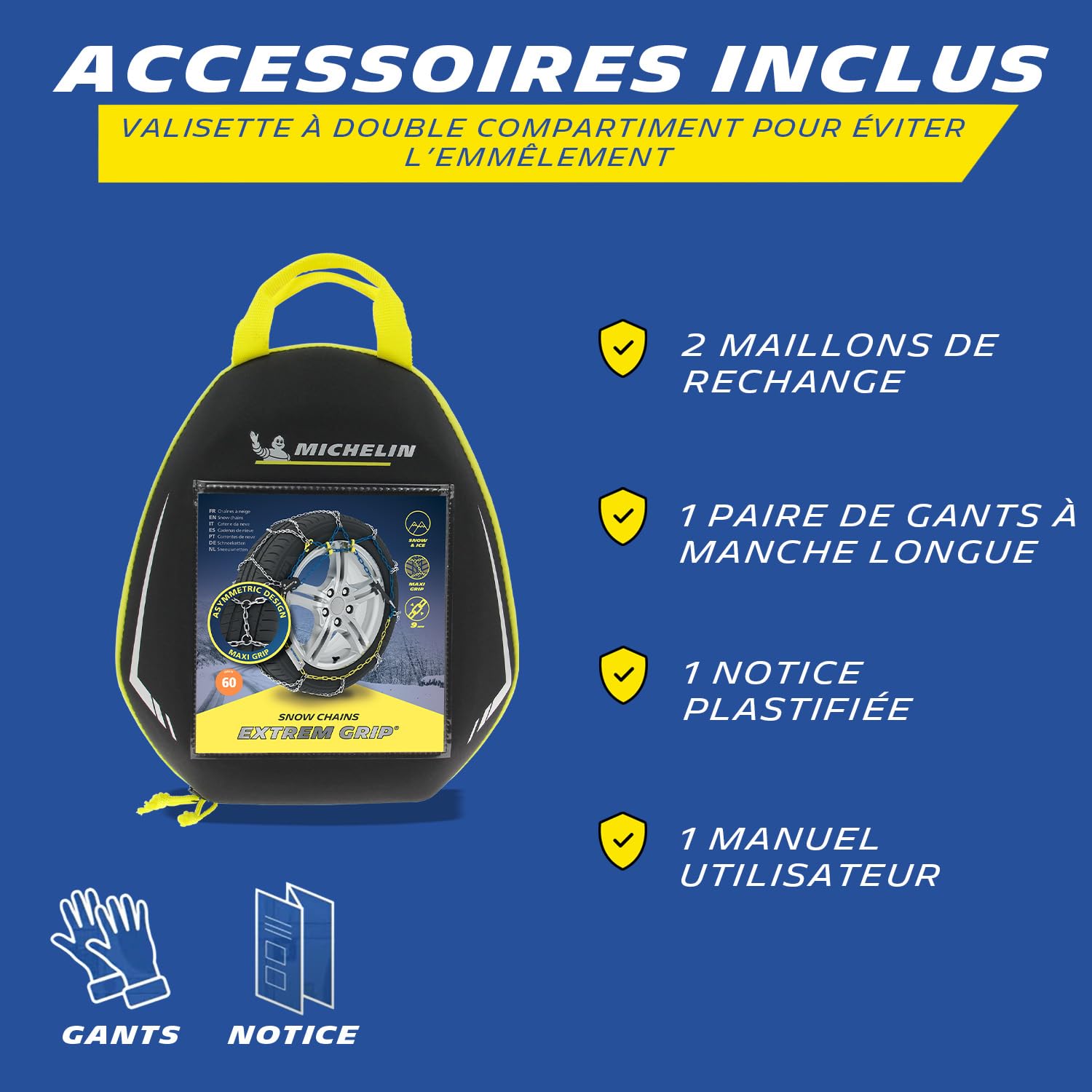 MICHELIN EXTREM GRIP, Chaînes à neige métalliques, Maillons 9 mm, Tension Manuelle Autobloquante, N° 110 - Montage Rapide - Adhérence Optimale sur Neige et Verglas - Sécurité et Visibilité Renforcée