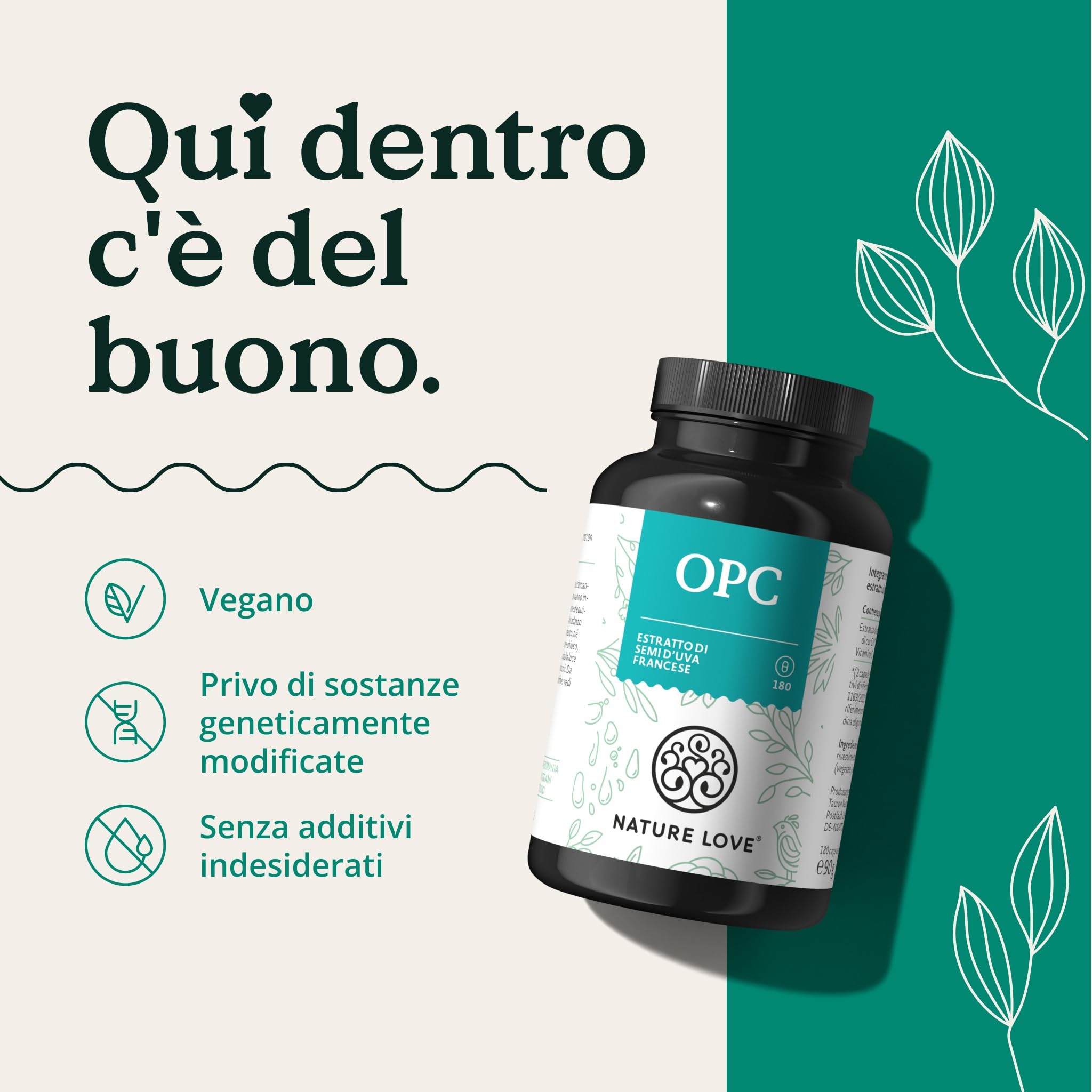 NATURE LOVE® OPC Estratto di semi d'uva - 180 capsule - alto dosaggio con 800mg di estratto/dose giornaliera - uva francese - vitamina C naturale - testato in laboratorio, vegano, prodotto in Germania