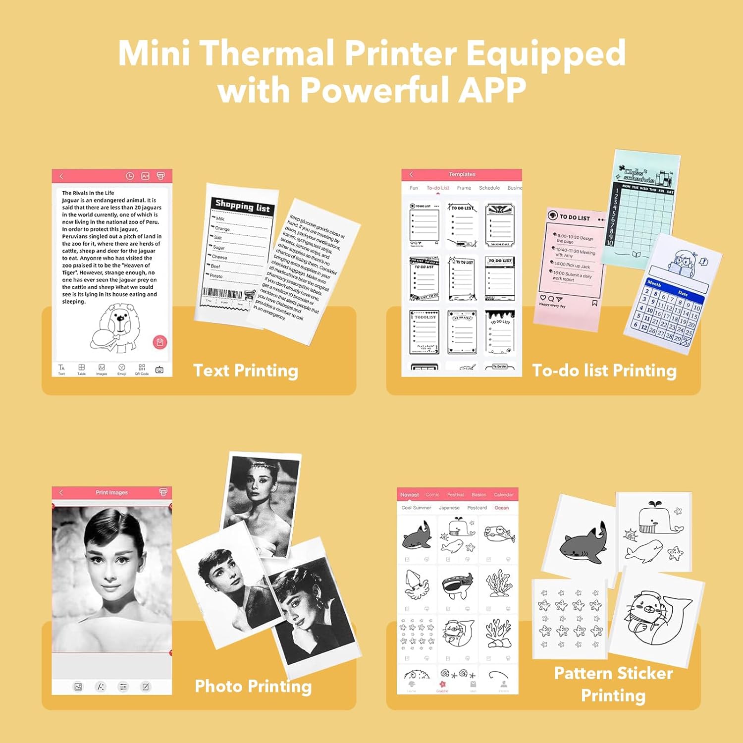 Image showing various printing capabilities of the Bisofice L8 printer, including text printing, to-do list printing, photo printing, and pattern sticker printing.
