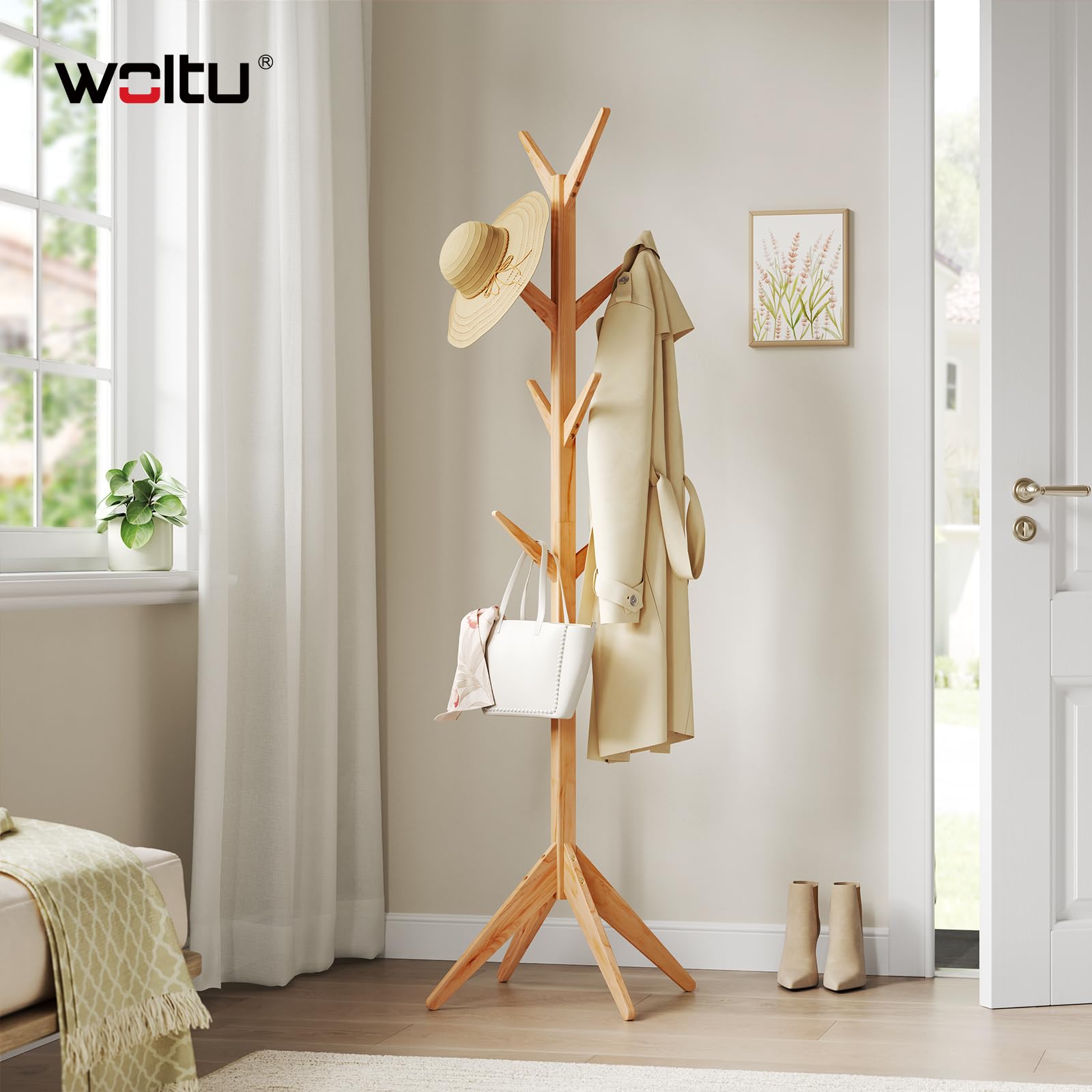 WOLTU Porte-Manteau en Forme d’Arbre, en Bois massif, Portemanteau sur Pied, Hauteur 180cm, avec 8 Crochets Nature