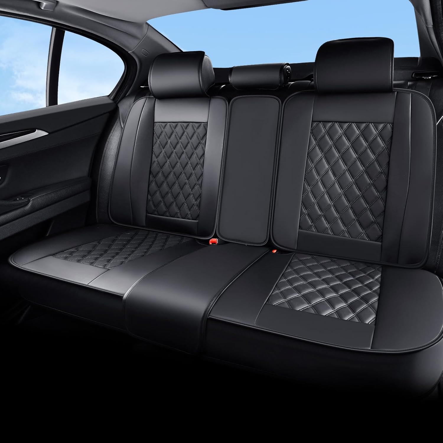 Huidasource Car Rear Seat Covers, Black Leather Back Row Seat Cover, Automotive Rear Bench Seat Cushion Cover Universal Fit for Most Cars Sedan SUV Pickup Truck (Back Row/Black)