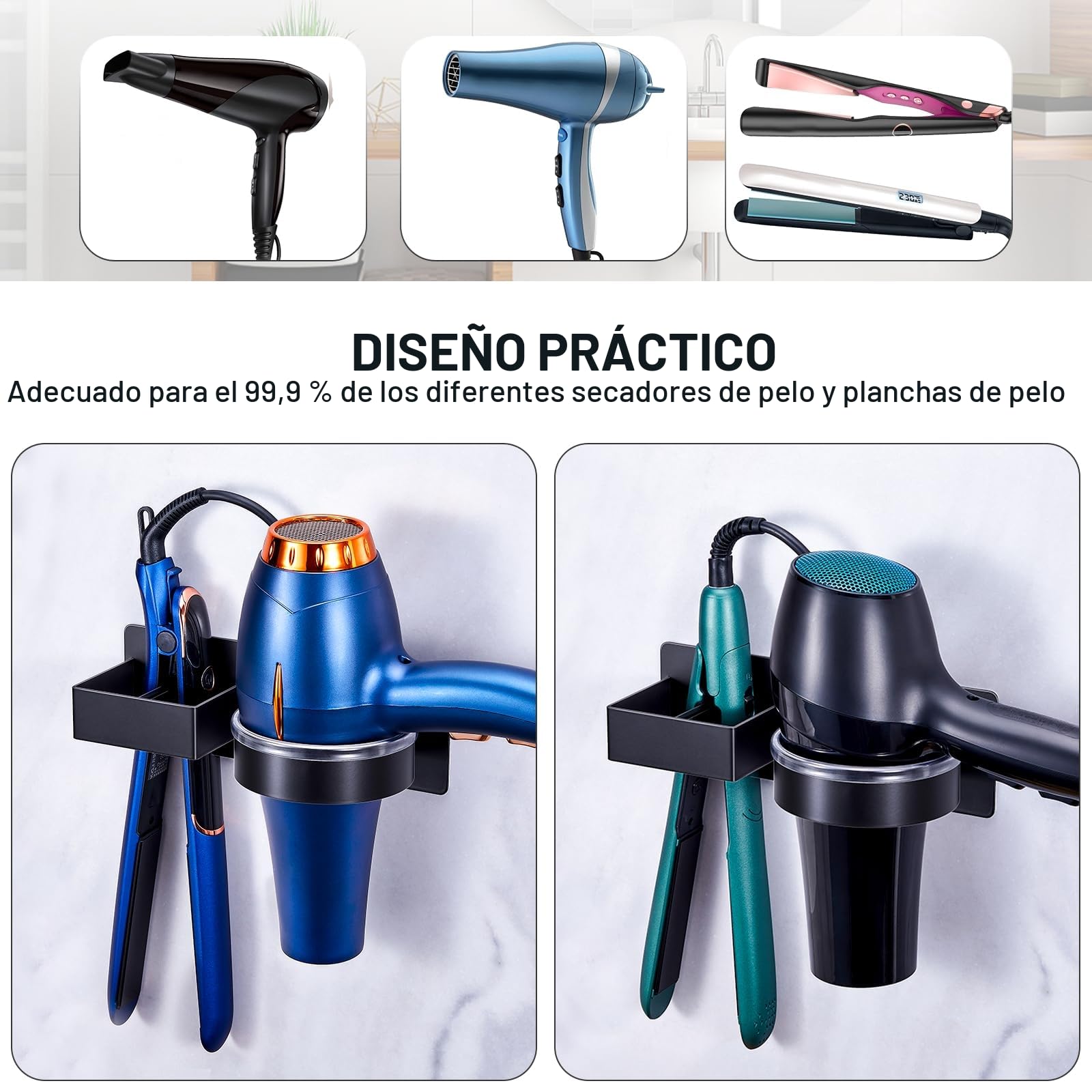 Soporte Secador de Pelo Autoadhesivo de Pared Sin Taladrar, Soporte para Secador y Plancha, Negro