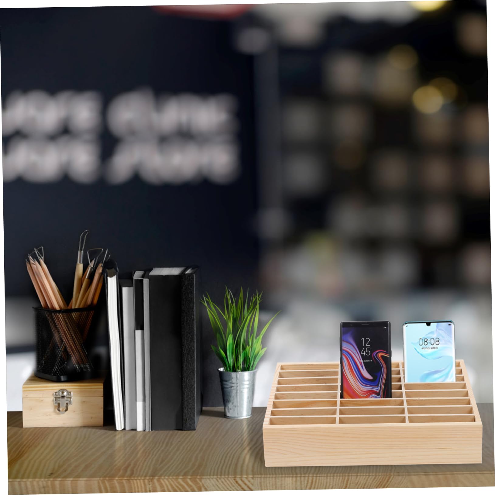 Caja para Guardar Moviles de Madera Múltiples Compartimentos, Organizador de Escritorio para Teléfono Móvil Adecuado para Aula y Sala de Reuniones