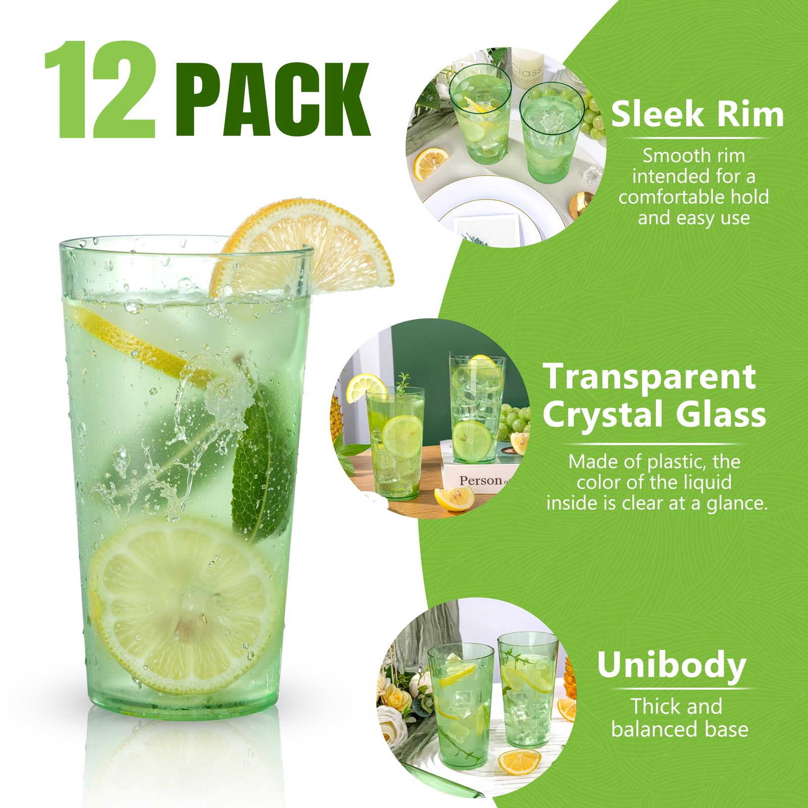 Liacere Plastic Drinking Glasses (Set of 12) 18oz Highball Green Reusable Plastic Glasses Colors?Kitchen Water Glasses Cup, Bar Tumbler Glassware Set for Beer, Juice, Cocktail, Whiskey, Milk