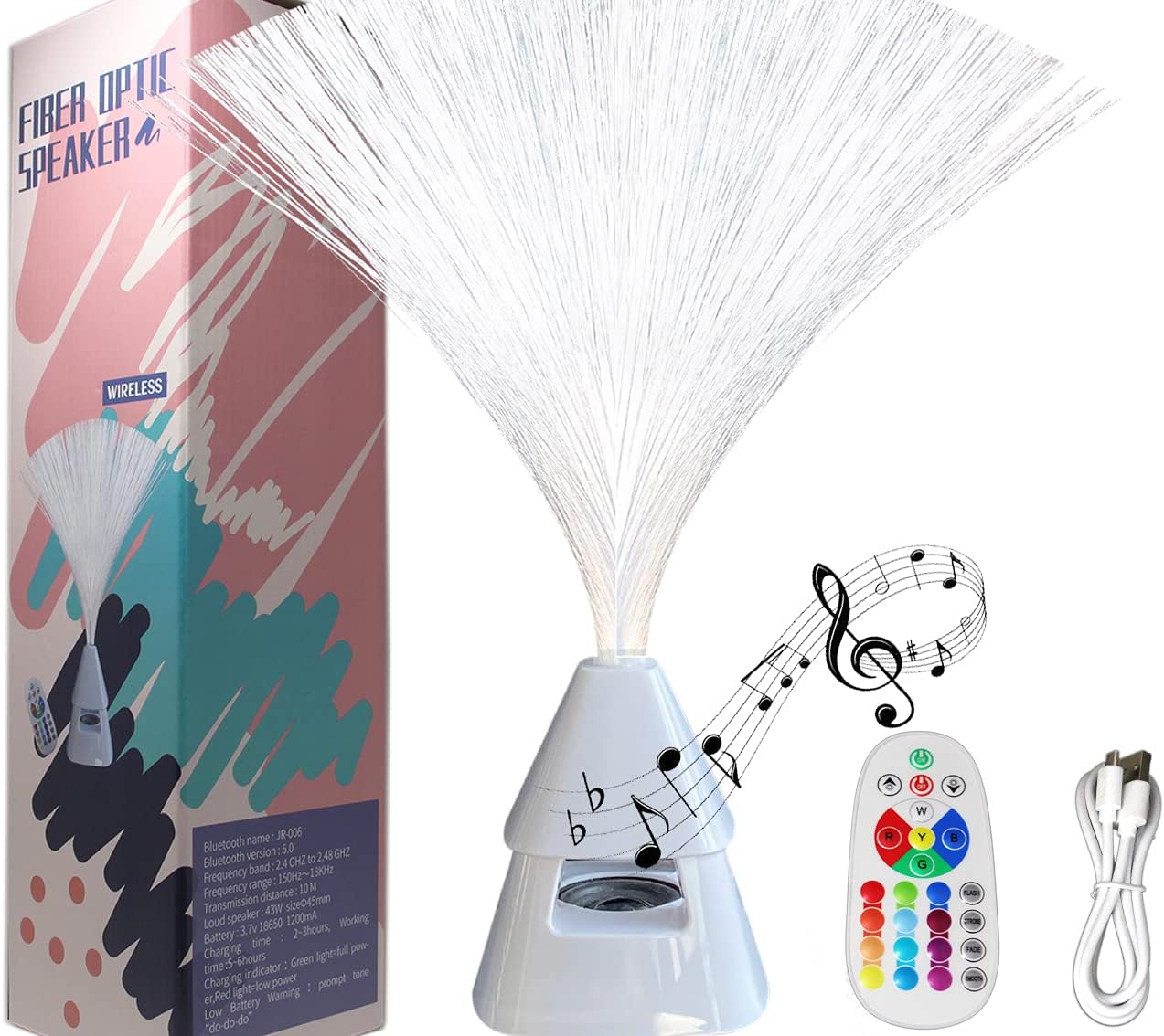 Fiber Optic Lamp Wireless Speaker with Remote Control LED Night Light Mood Light Fiber Optic Light Color Changing Build in Rechargeable Battery