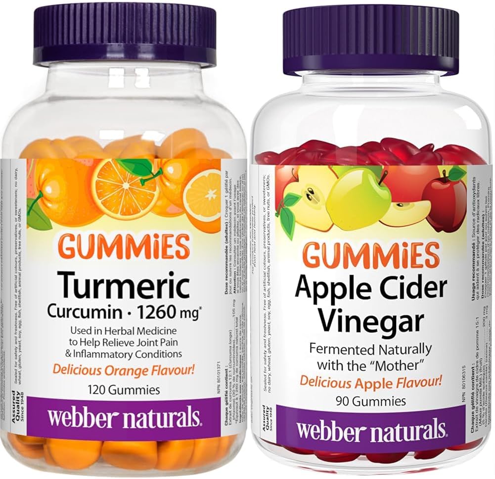 Webber Naturals Turmeric Curcumin Gummy, 1,260 mg of Raw Herb, 120 Gummies, Antioxidant Support, Vegan & Apple Cider Vinegar Gummy, 200 mg with The Mother, 90 Gummies, Antioxidants Support, Vegan