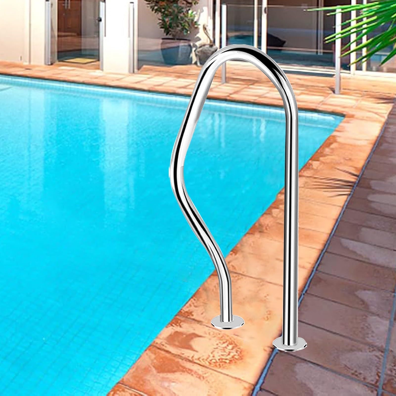 Rampe de piscine en inox et main courante d'escalier extérieur à 3 coudes