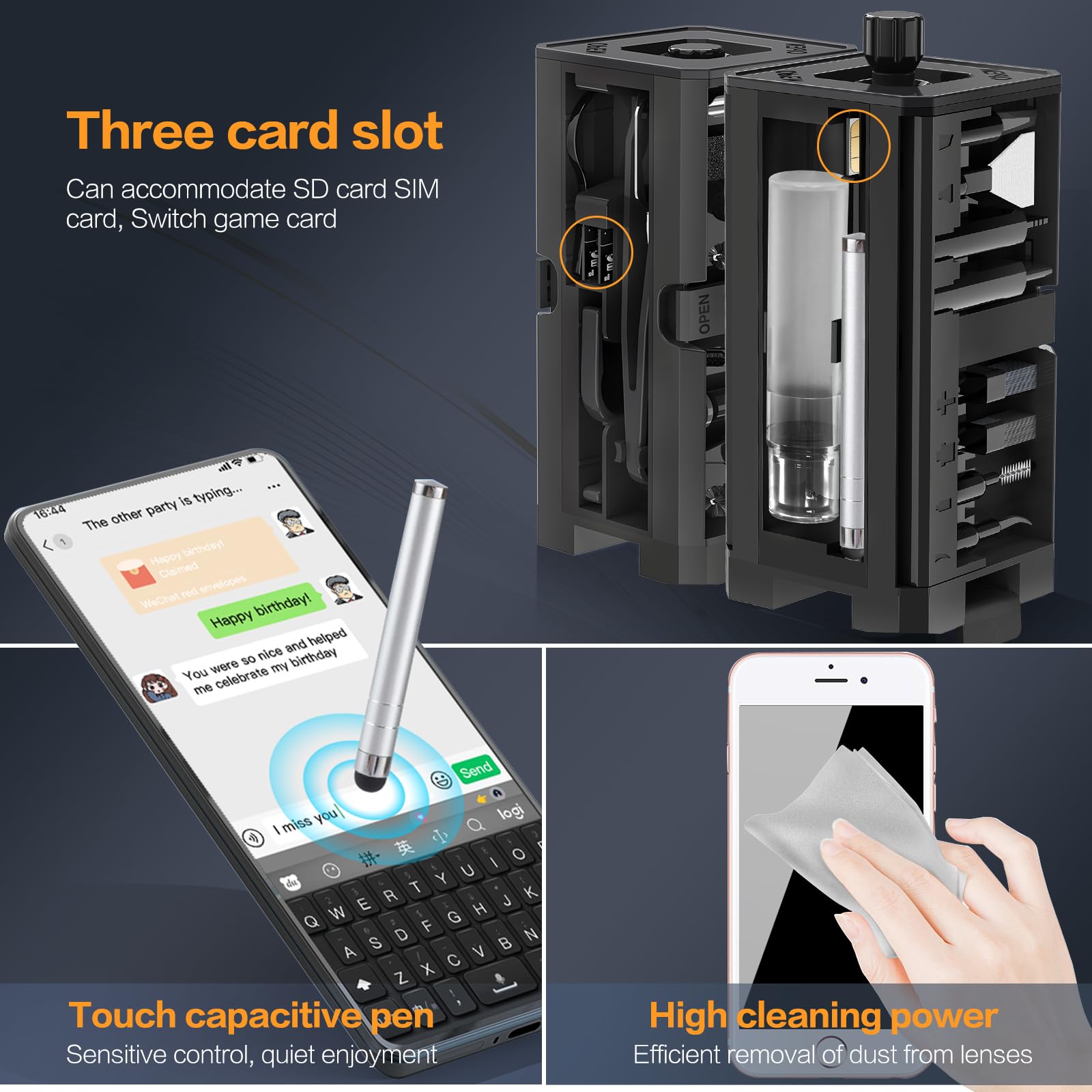 Kit de limpieza 34 en 1 para iPhone, kit de limpieza de teclado multifuncional, kit de limpieza de laptop con funda de almacenamiento portátil para Airpods, laptop, teclado, puerto de carga, cámara
