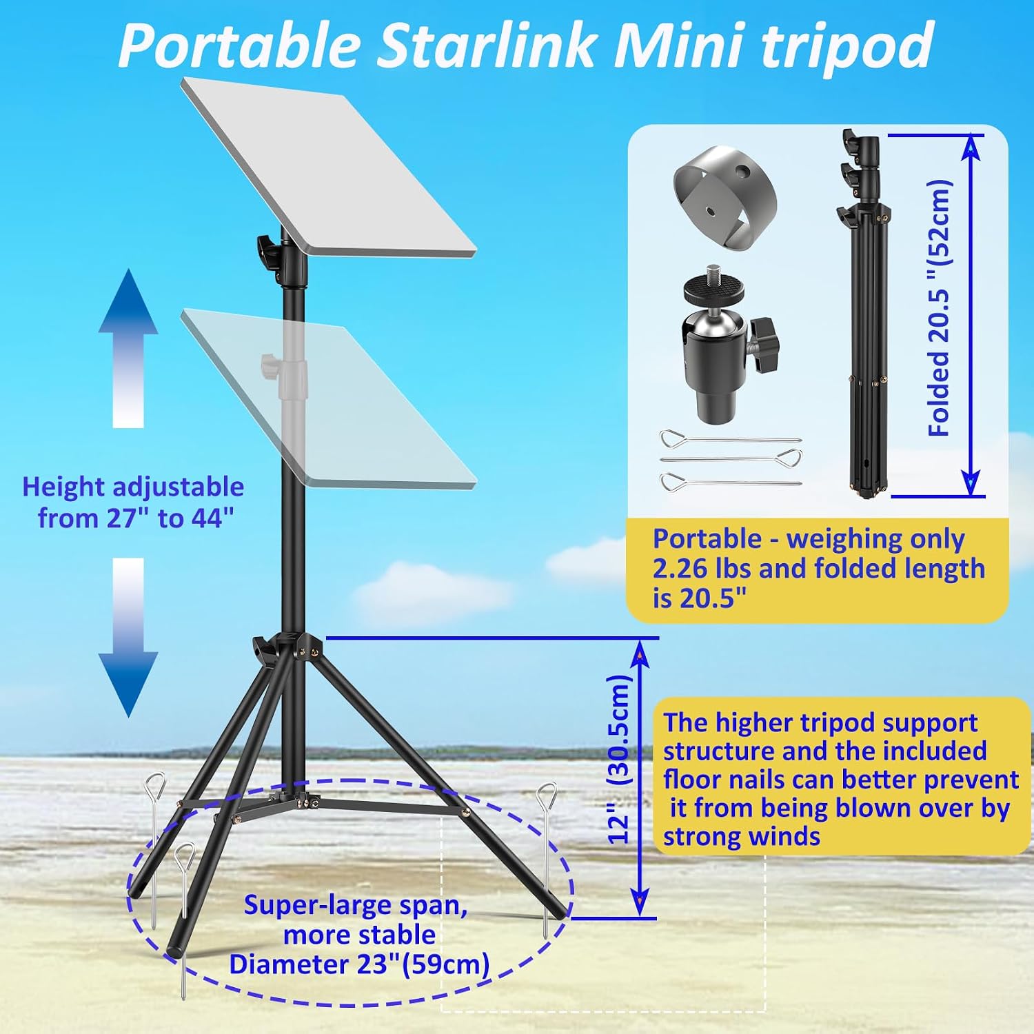 Starlink Mini Tripod & Pipe Adapter Mount with 360° Gimbal， All-Terrain Dish Stand Kit for Starlink Mini (RV,Camping, Hiking, Job Sites)