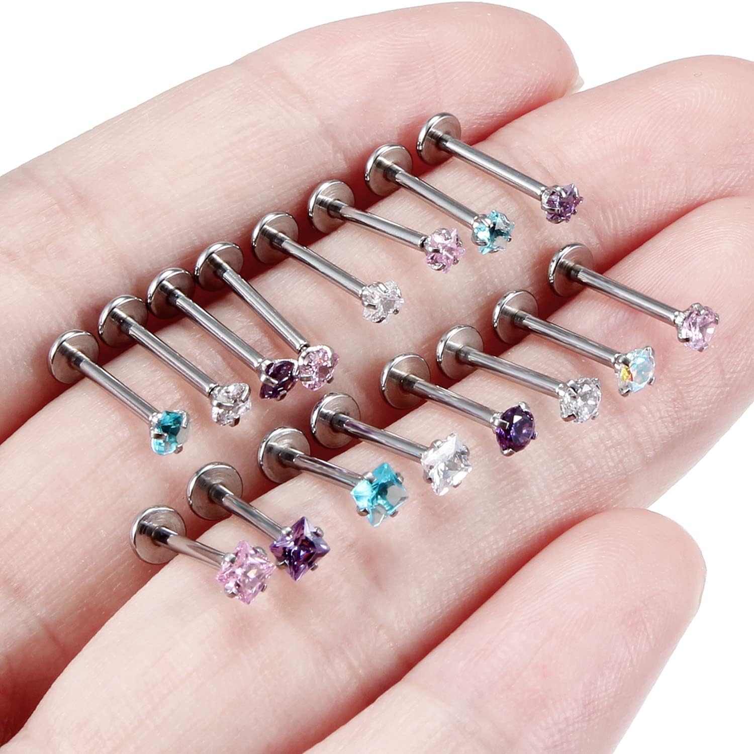 20G 18G 16G Threadless Tragus Earrings Surgical Steel Medusa Piercing Jewelry Star/Square/Round/Heart Shaped Crystal Labret Studs Lip Ring Helix Conch Cartilage Earrings for Women Men
