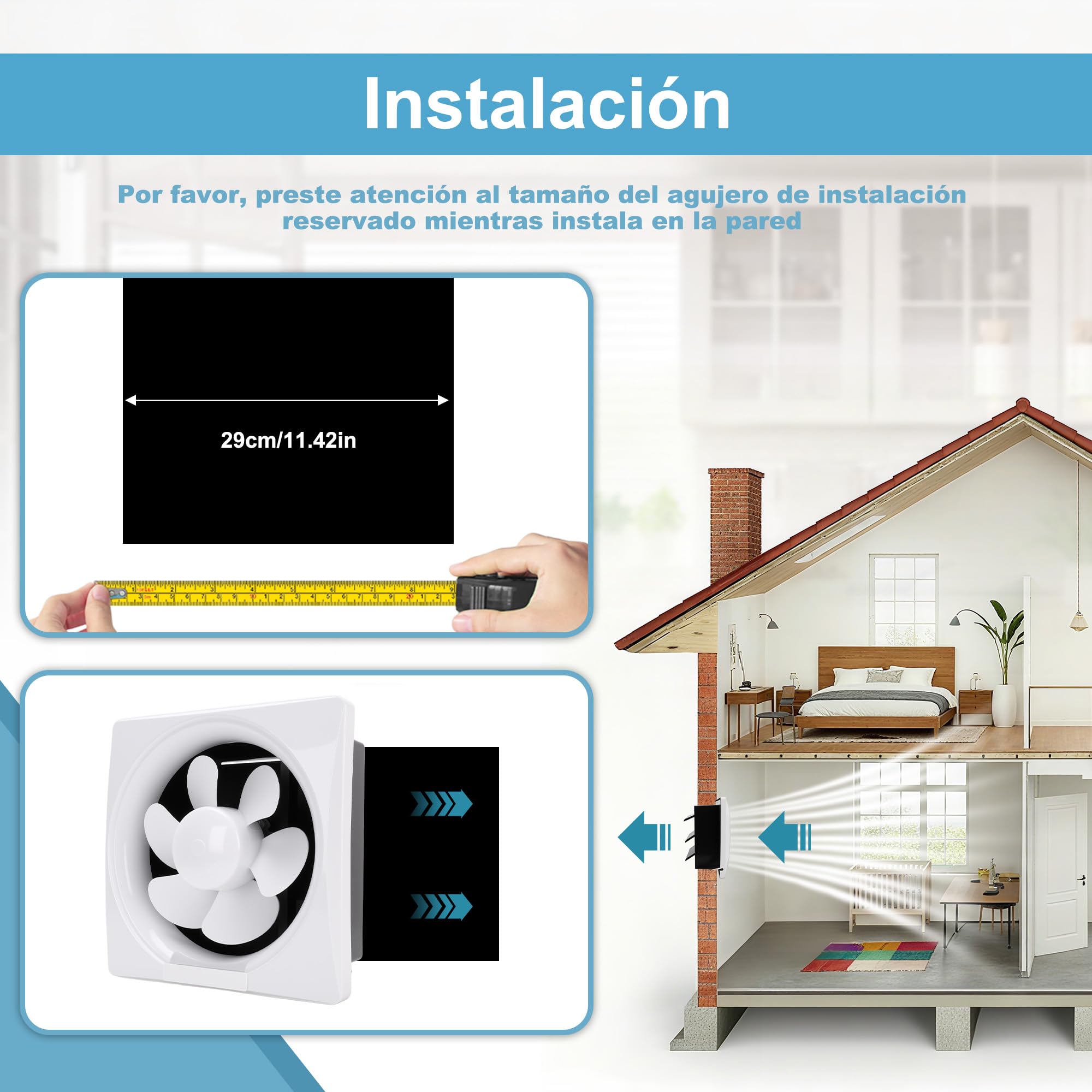 Ventilador de pared, operacion silenciosa, construccion duradera, 25cm, for cocina, bano, taller, almacen y mas (25cm)