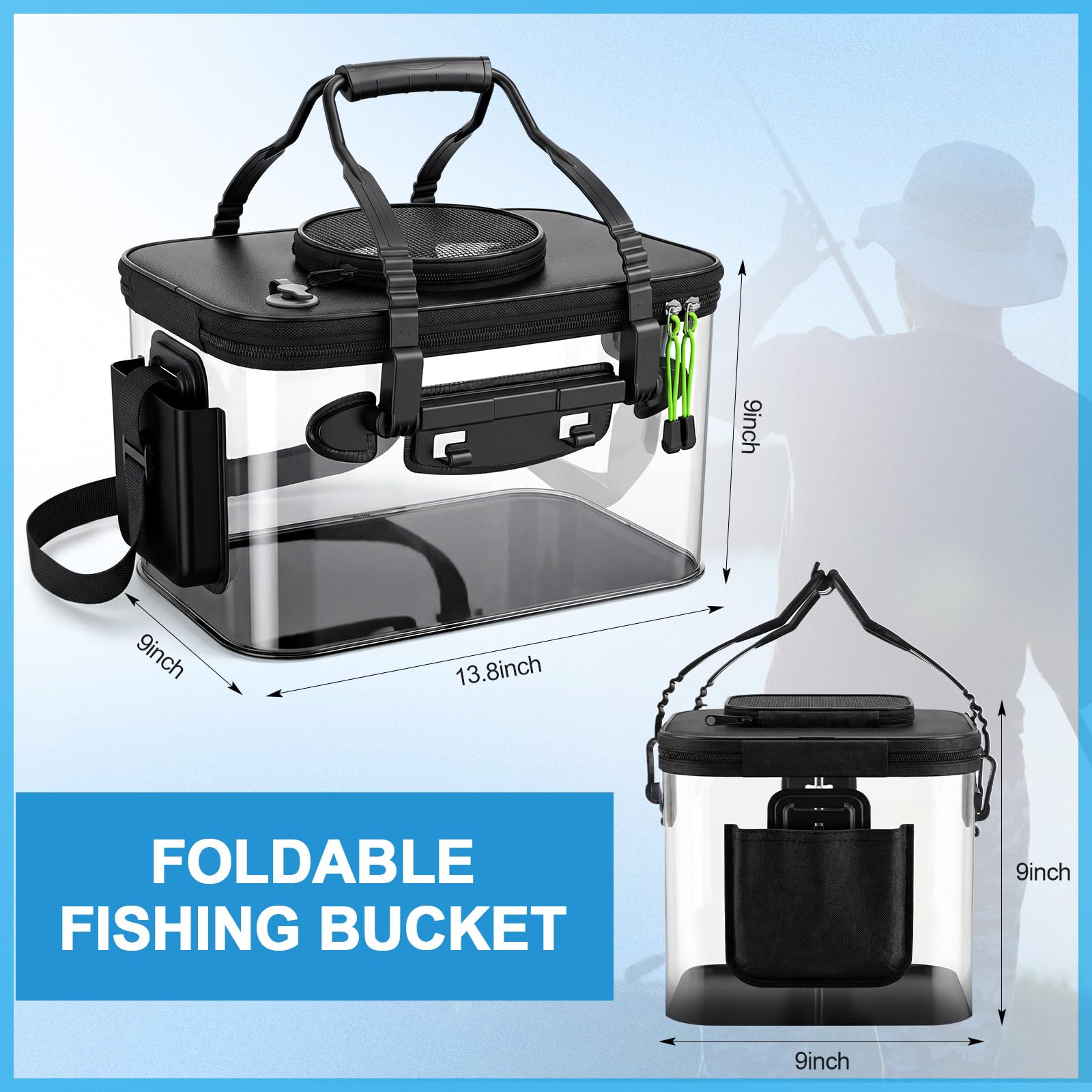Shappy Secchio da pesca pieghevole, set di contenitori con coperchio da 4 galloni con pompa ad aria, secchio multifunzionale per esche vive con foro di aerazione per pesca all'aperto e traslochi