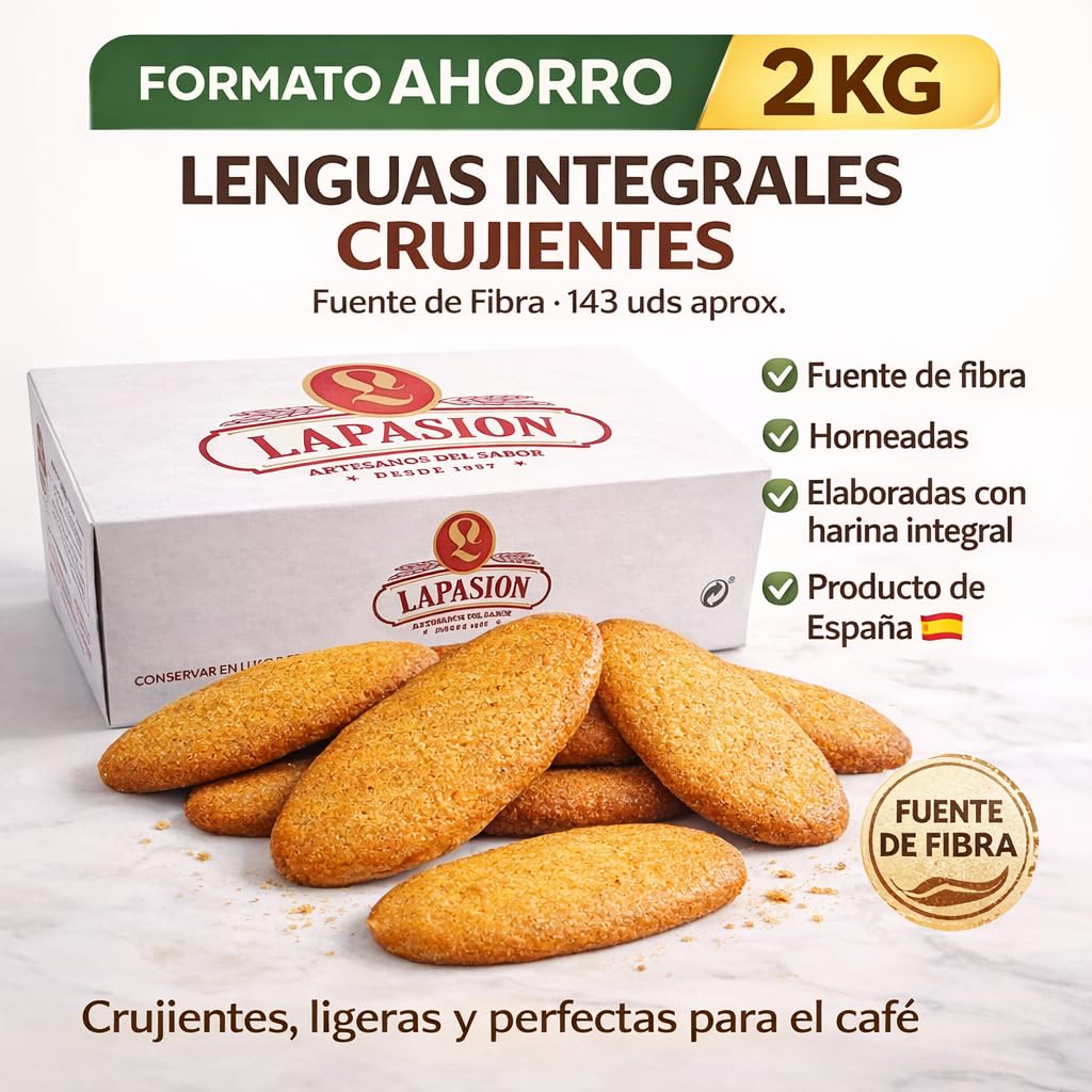 LAPASION - Bizcochos crujientes integrales | Lenguas integrales | Sobaos Tostado | Fuente de fibra | Cereales Integrales | 2 Kg