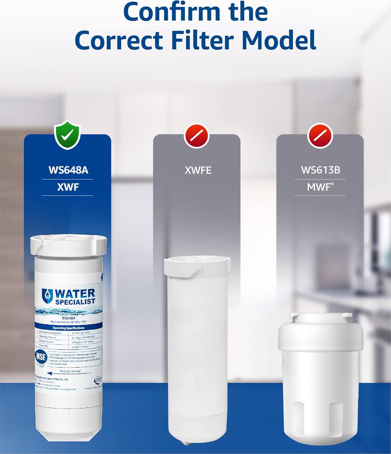 Waterspecialist XWF Replacement for GE® XWF, WR17X30702 Refrigerator Water Filter, NSF 42/372 Certified, Compatible with GE® GNE27, GFE26, GDE25, GSS25 Series Refrigerators, 3-Pack (Not XWFE®)