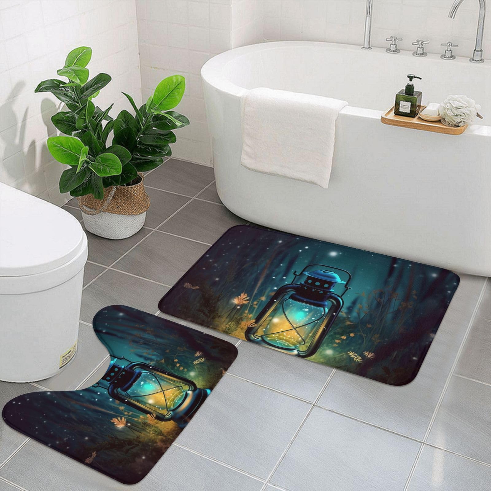 Tapis de bain antidérapant absorbant lot de 2 en microfibre douce motif lucioles