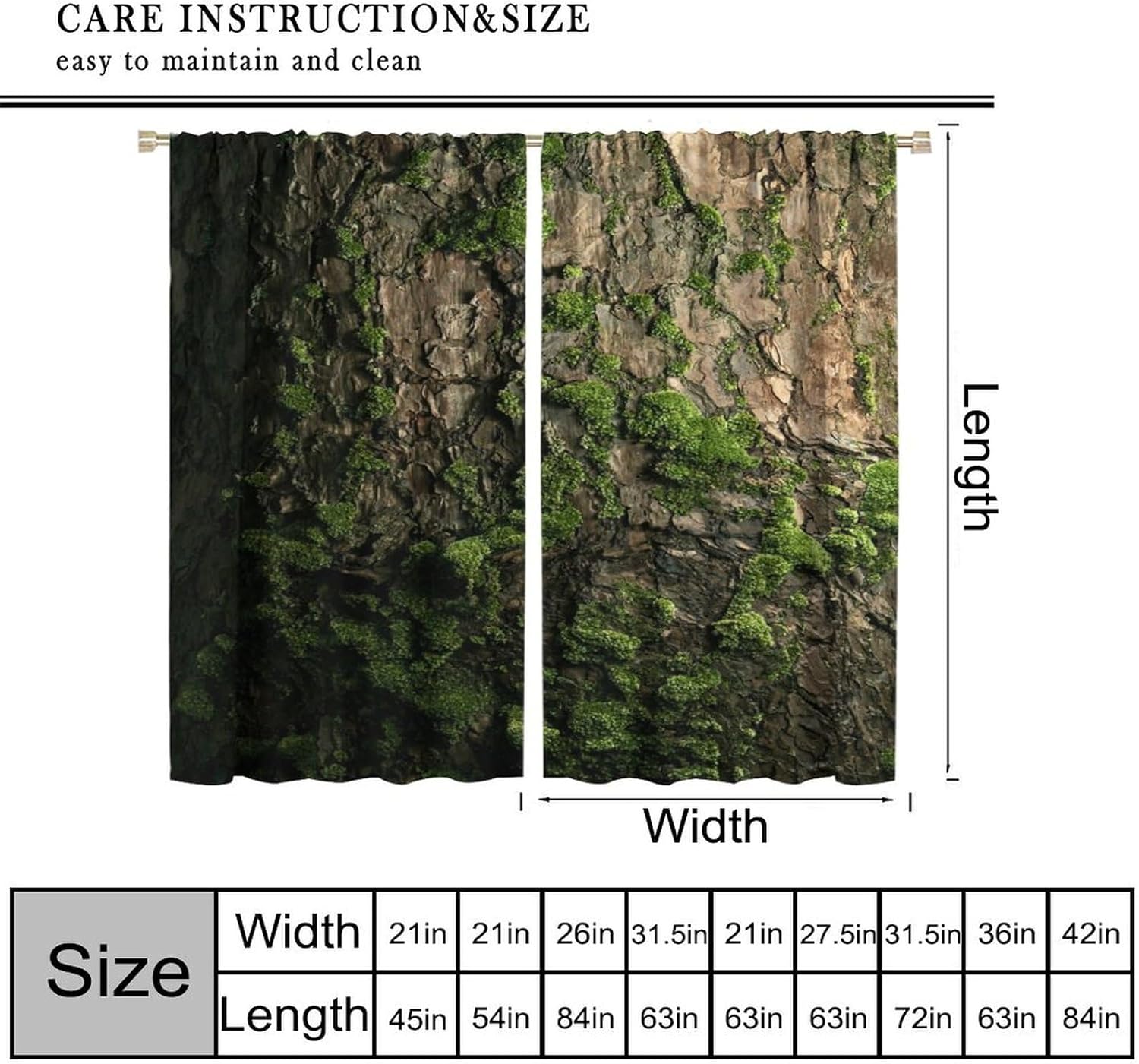 Brown Tree Bark Retro Curtains Green Natural Plant Moss Rustic Country Old Trunk Wood Art Print Blackout Window Treatment for Bedroom Kitchen Living Room Home Decor Window Drapes 42"W X 63"L