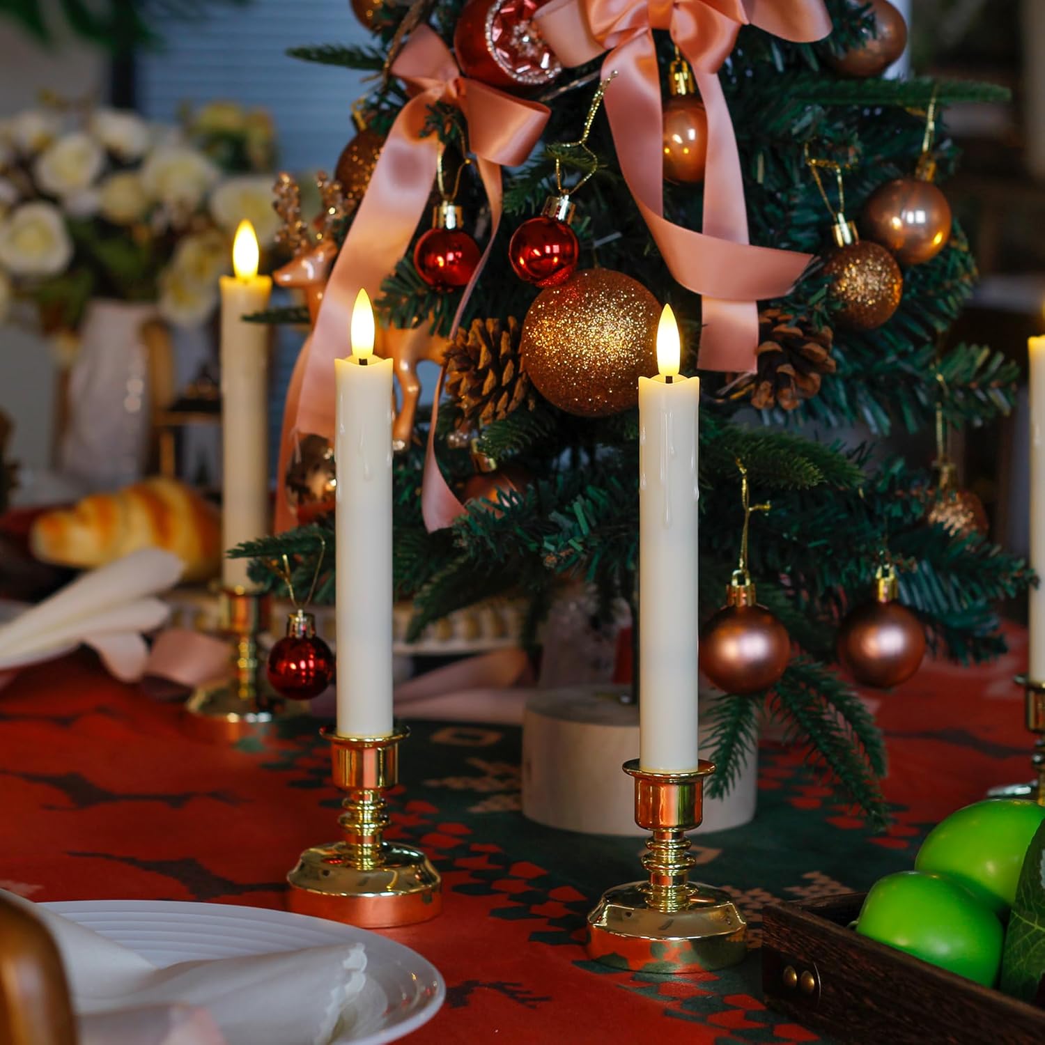 LED Window Candles with Holders and Remote Controls, Ivory Flameless Battery Operated Fake Taper Pack of 6 Candles with Timer Function (Gold Holder)