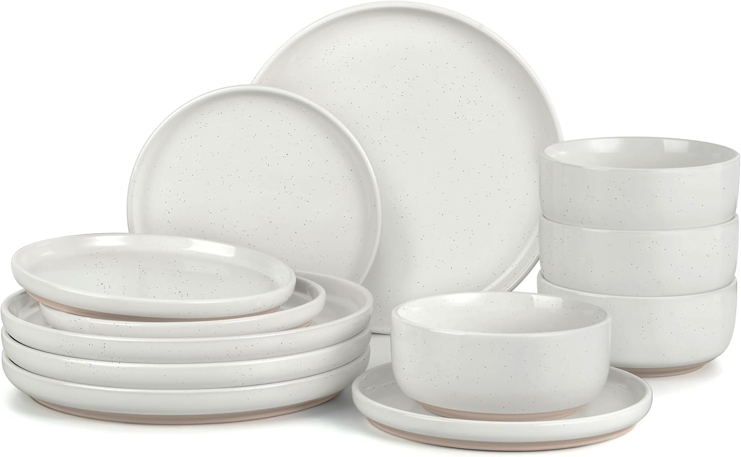 LIANYU Dinnerware Sets, 12 Piece Plates and Bowls Set for 4, Ceramic Dishware Dishes Set, Scratch Resistant Kitchen and Dining Stoneware Plates, Microwave & Dishwasher Safe, Snowy White