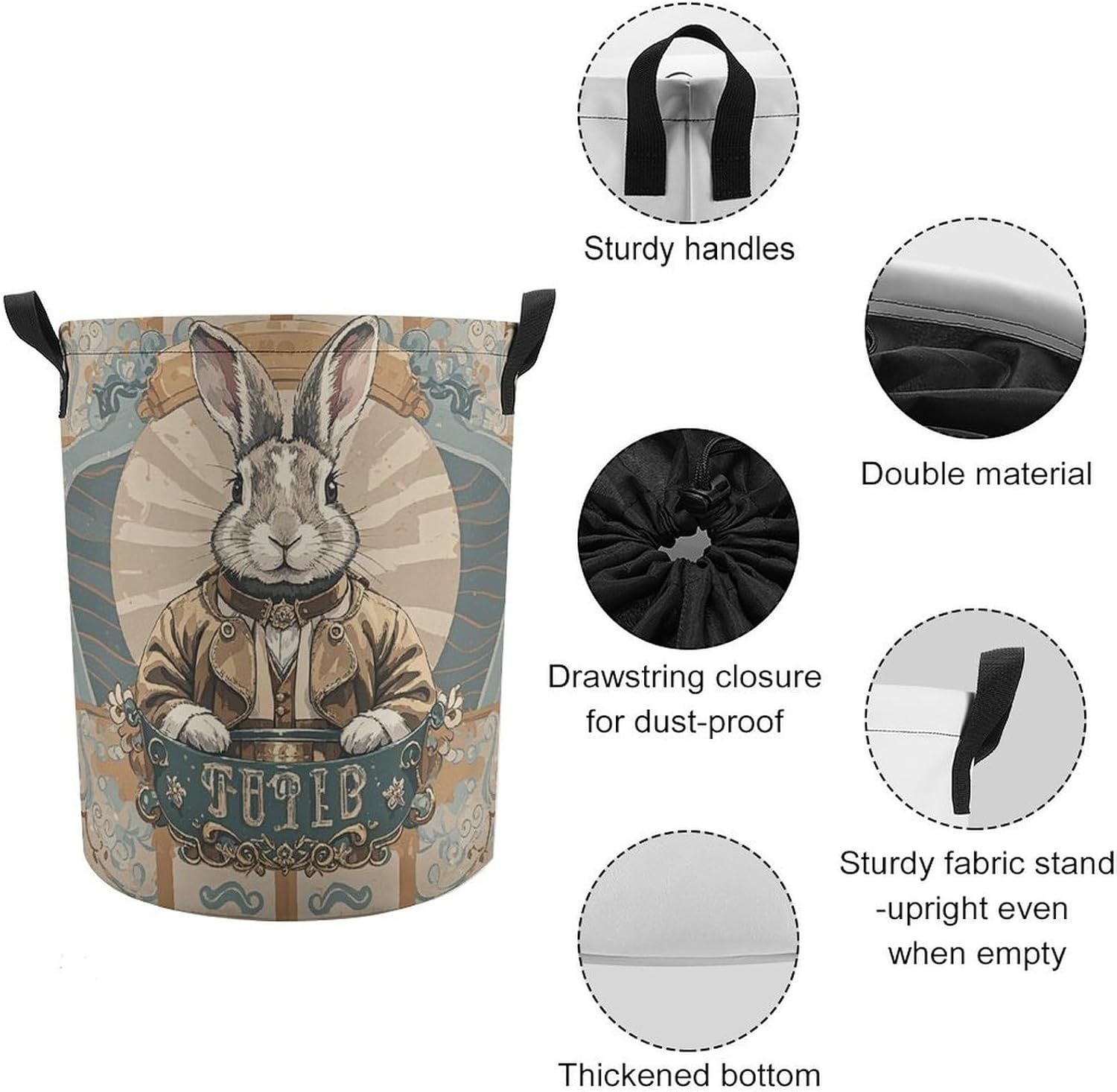 Retro Style Rabbit Laundry Bag Large Collapsible Laundry Baskets Freestanding Waterproof Clothes Hamper with Handles & Drawstring for Laundry Room Bedroom Bathroom