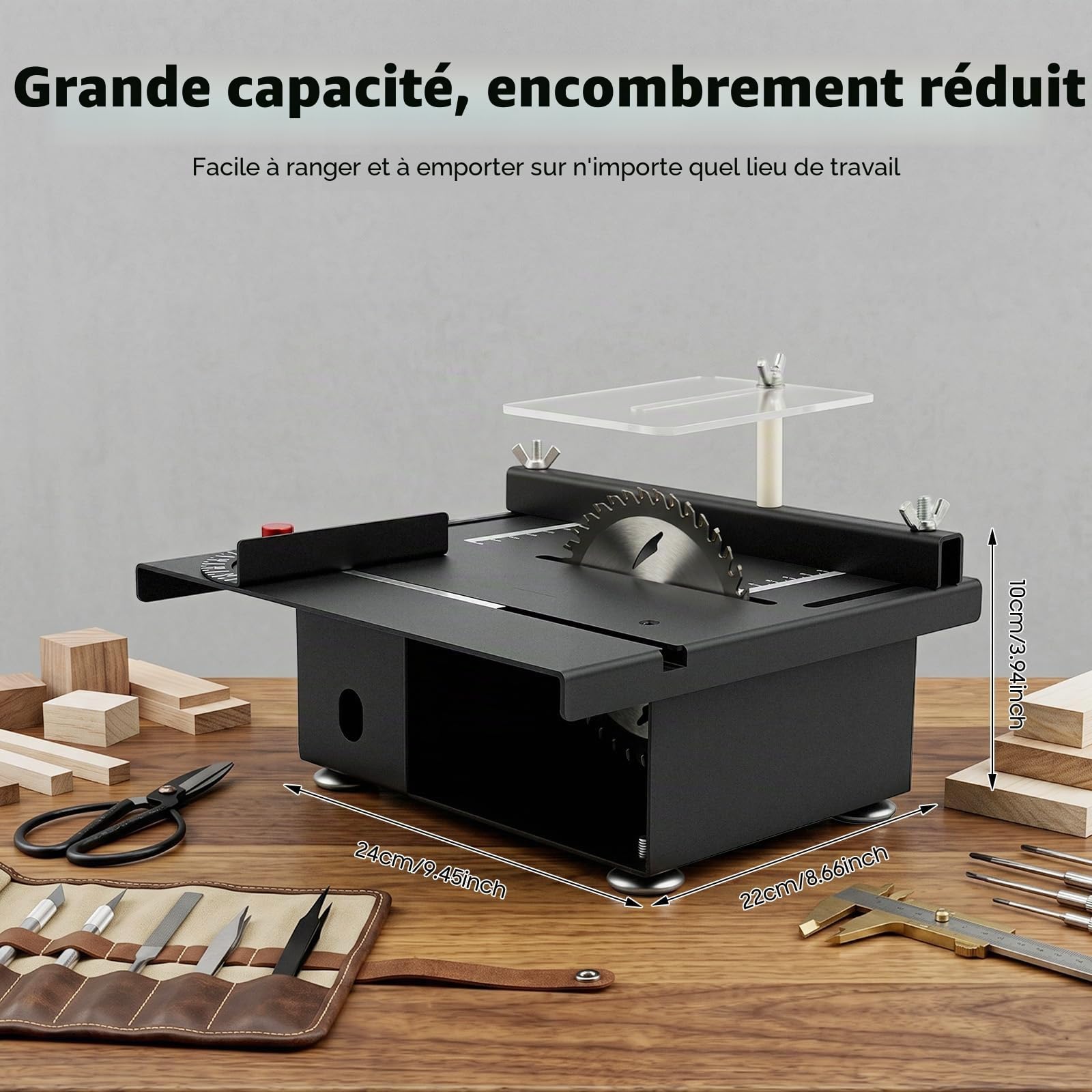Mini scie circulaire de table multifonctionnelle pour le travail du bois Scie circulaire de table électrique portable de précision pour couper de petites barres de bois, alliage d'aluminium