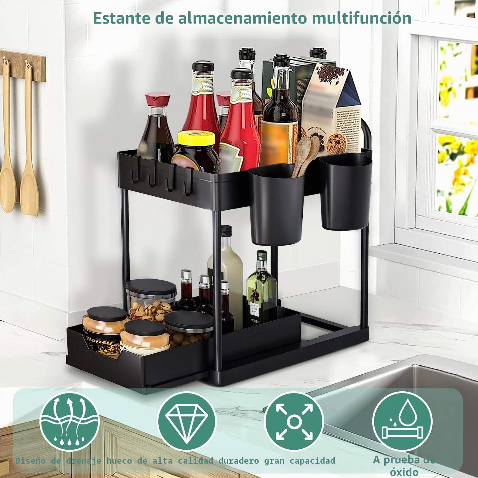 Estante para debajo del fregadero, organizador de cocina de 2 niveles, armario de cocina, armario extraíble con 4 ganchos y 2 tazas, cajón extraíble, estante para lavavajillas (negro, 1 pieza)