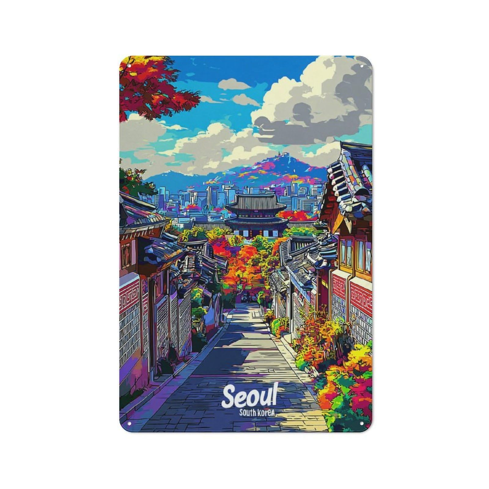 Junmoney Seoul's Vibrant Streetscape Cottage Metal Wall Decor 30X20cm, Shed Metal Sign For Conservatory, Home Bar Or Utility Room