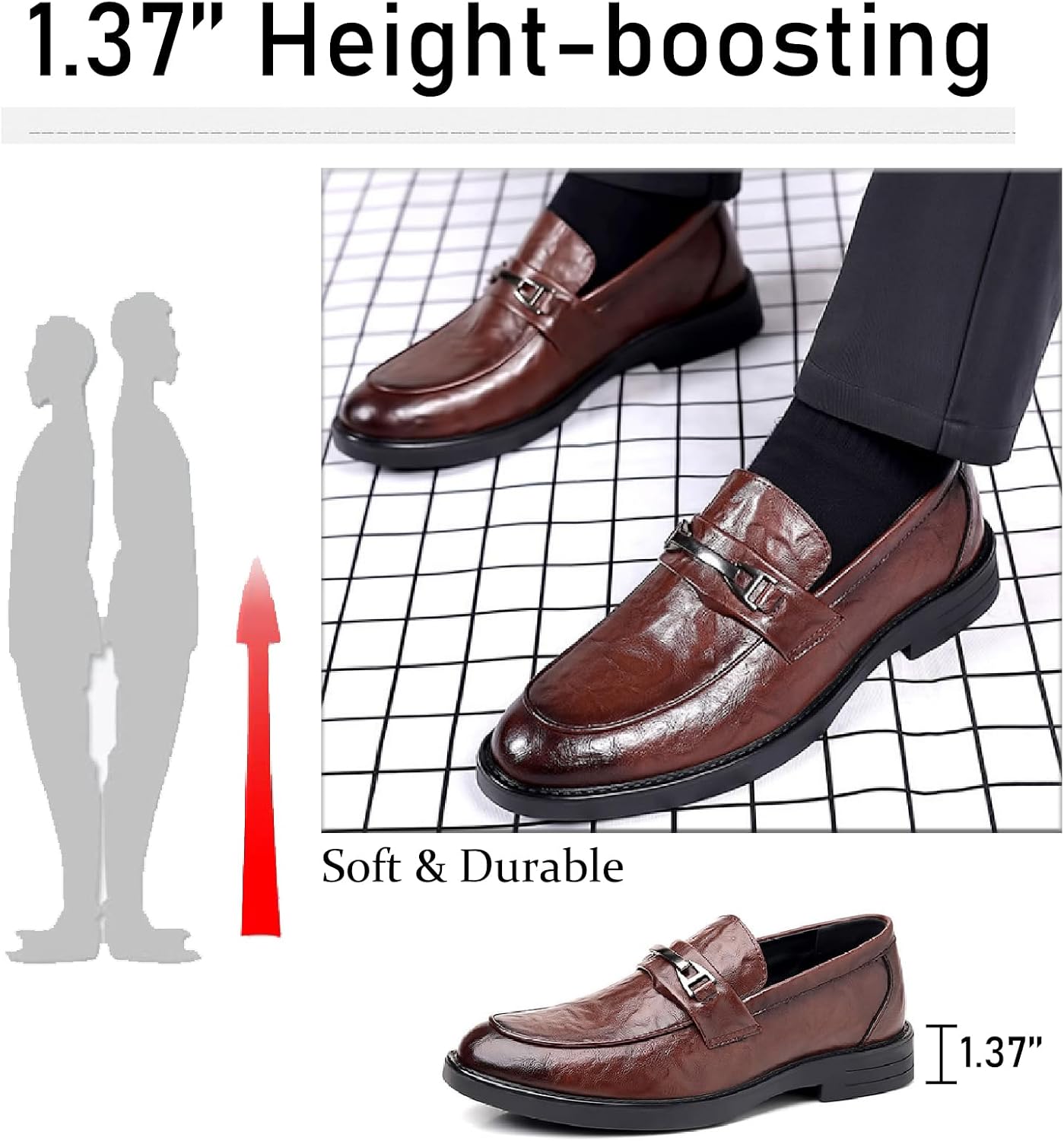 Men's Leather Slip On Loafers with Decorative Buckle Business Formal Round Toe Comfortable Block Heel Platform Dress Shoes for Work Wedding Office Penny Loafers