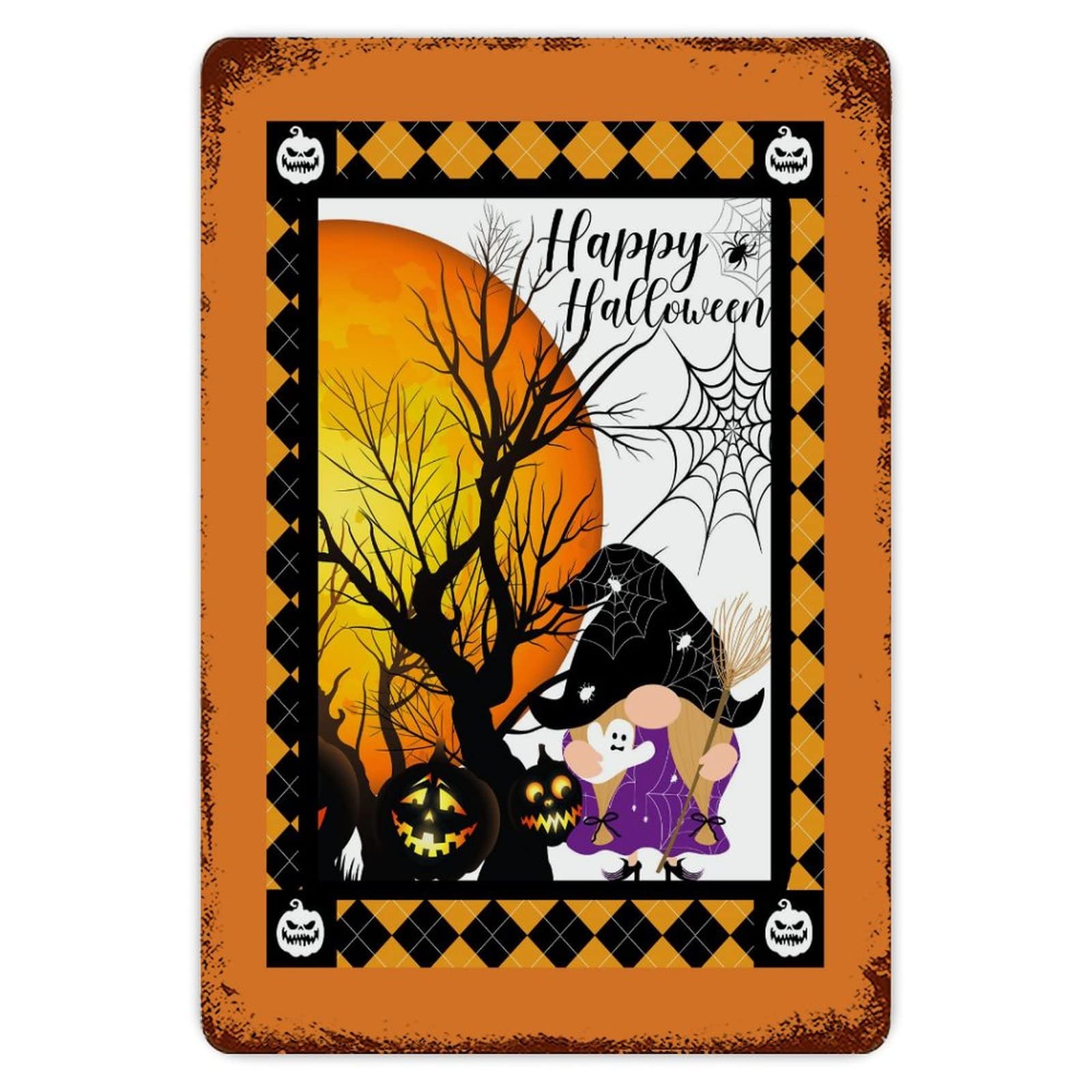 ENEDNATE Happy Halloween Gnome Black Cat Bat Spider Ghost Pumpkin Vintage Metal Sign 8x12 Decorative Aluminum Tin Sign for Indoor Outdoor Kitchen Bar Restaurant Cafe Pub Wall Art Decor Poster