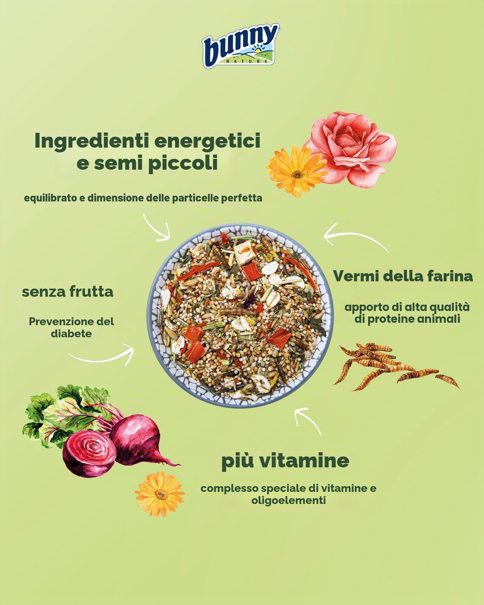 bunny Nature - Mangime completo per criceti nani, mix di vitamine, ingredienti e vermi di farina, 500 g