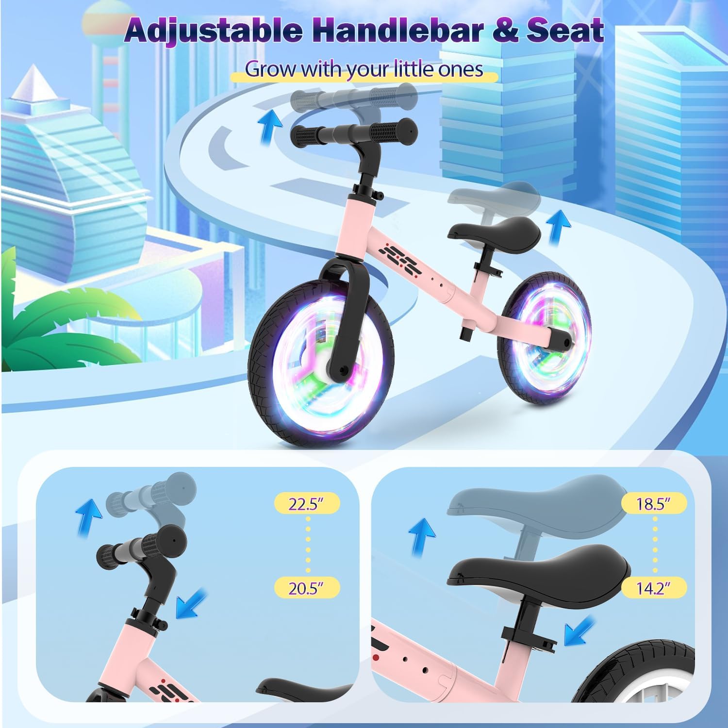 Colorful Lighting Balance Bike 2 Year Old, 2-5 Year Old Toddler Balance Bike, No Pedal Bikes with Adjustable Handlebar & Seat, 2 3 4 5 Year Old Boy Girls Birthday Gifts Toys.
