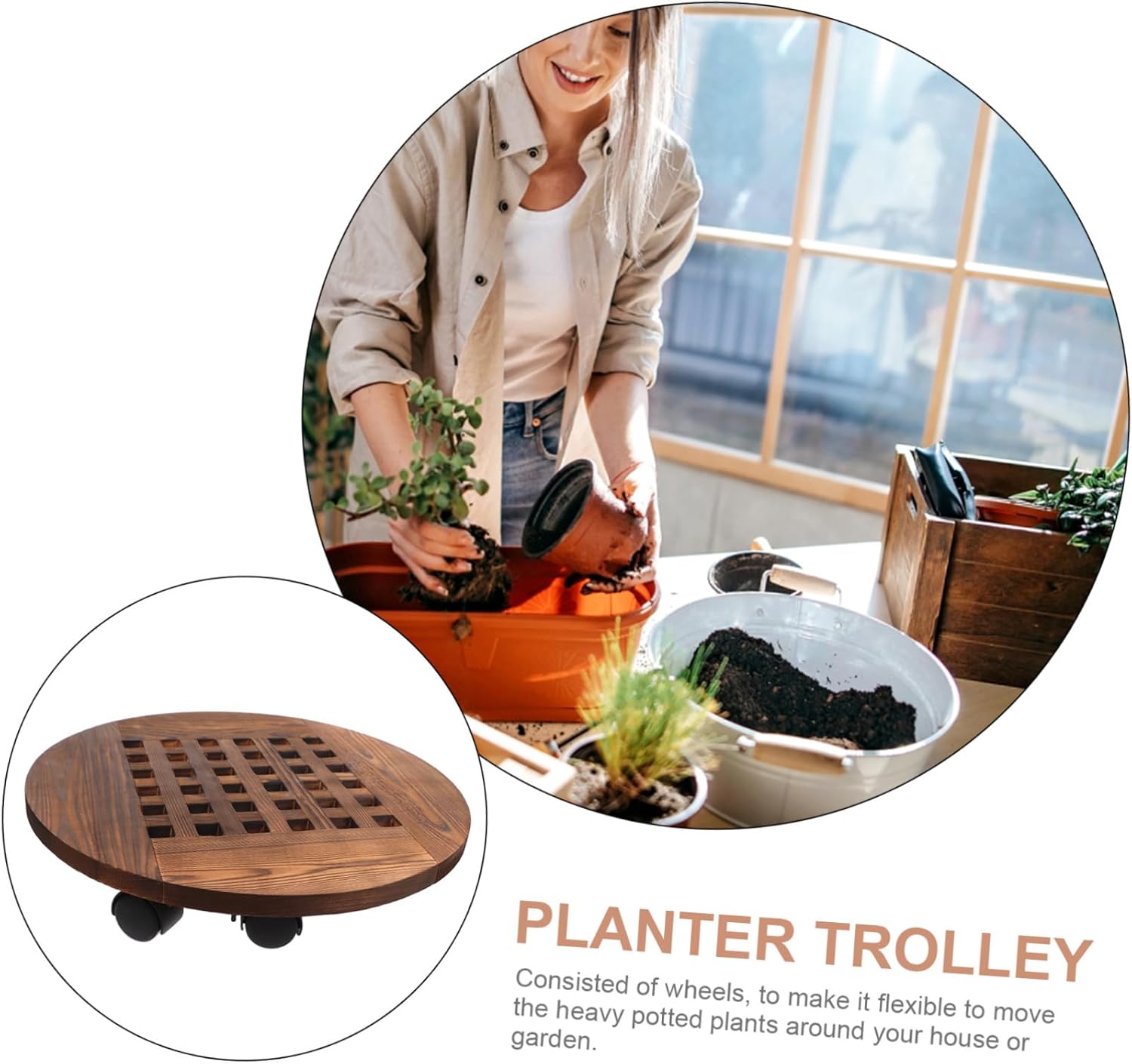 Rolling Plant Stand with Wheels Sturdy Wood Trolley for Flower Pots Rotating Base Indoor and Outdoor Use Versatile Movable Planter Holder Diameter
