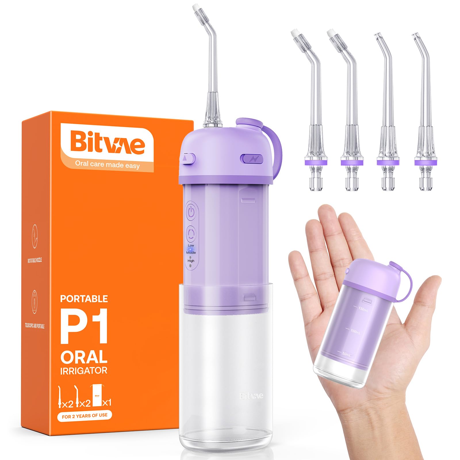 Bitvae P1 Water Dental Flosser, Portable Water Cleaner Picks, Cordless Mini Water Teeth Cleaners with Telescopic Water Tank, IPX7 Waterproof Oral