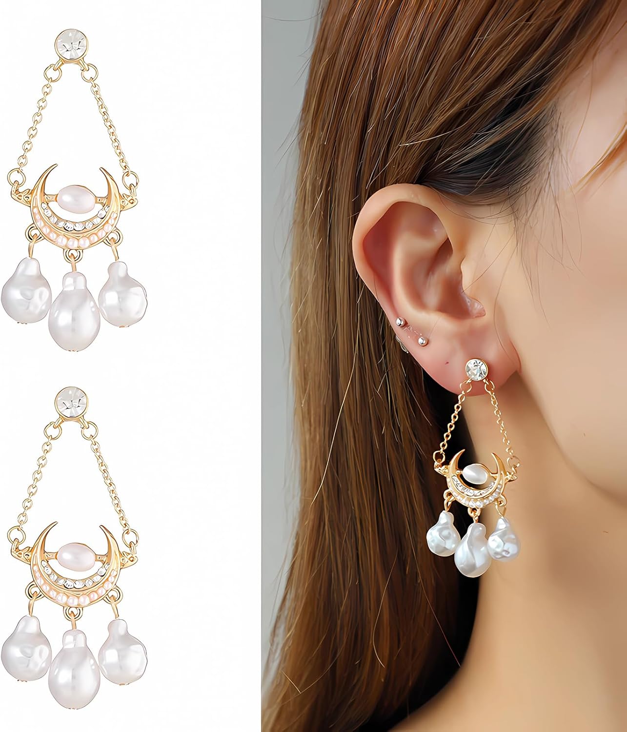 Golden Moon Baroque Pearls Dangle Earrings Christmas Jewelry Gifts for Women, Gold