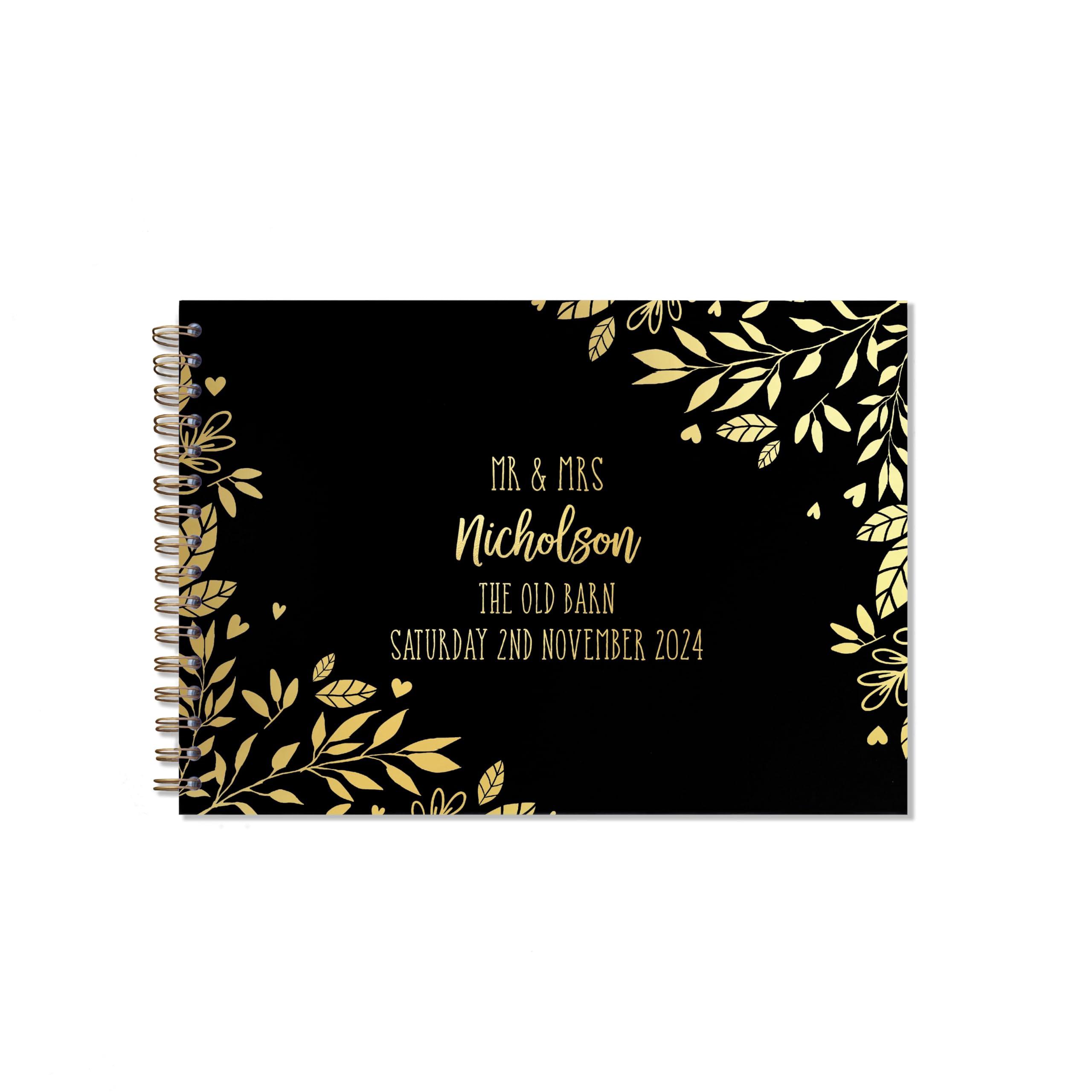 "Manta Makes Wedding Guest book personalised gold foil 26 colour choices A5 or A4, signing book wedding decorations for wedding reception, wedding books for guests to sign (A5, Black)"