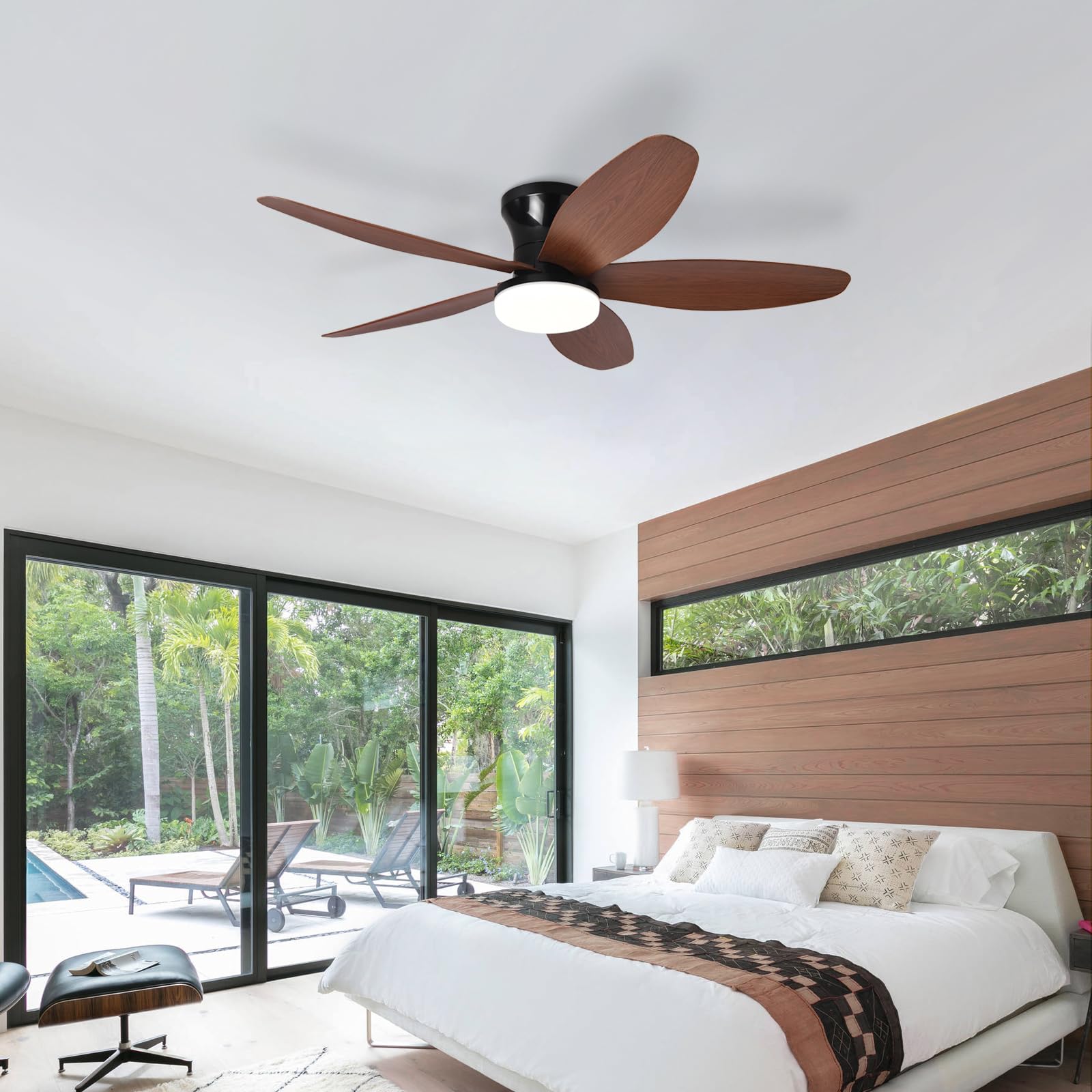 Ventilatore Pale Da Soffitto Con Luce E Telecomando, Silenzioso 5 Pale Lampadario Con Ventola, Dimmerabile LED Plafoniera Ventilatore Per Camera Da Letto, Cucina, Soggiorno-Black+WoodGrain||42in
