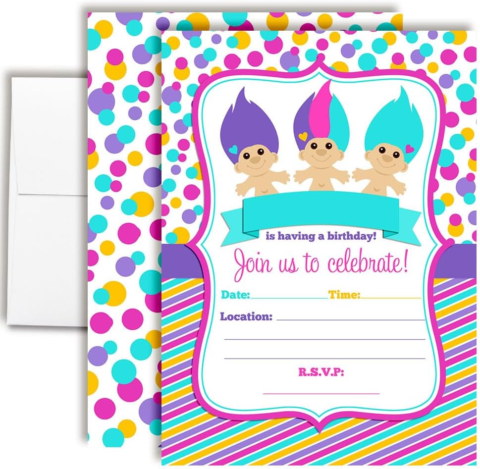 90’s Trolls Birthday Party Invitations for Girls, 20 5x7 Fill In Cards with Twenty White Envelopes by AmandaCreation