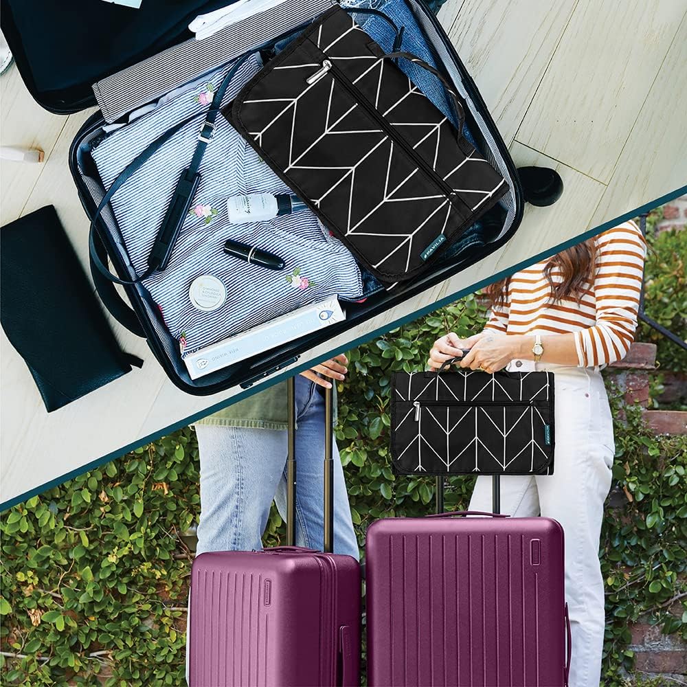 PAVILIA Hanging Toiletry Bag Women Men, Travel Kit Foldable Large Toiletries Organizer, Roll up Cosmetics Makeup Bag Accessories, Waterproof Essentials Jewelry Case (Black Chevron) - Image 6